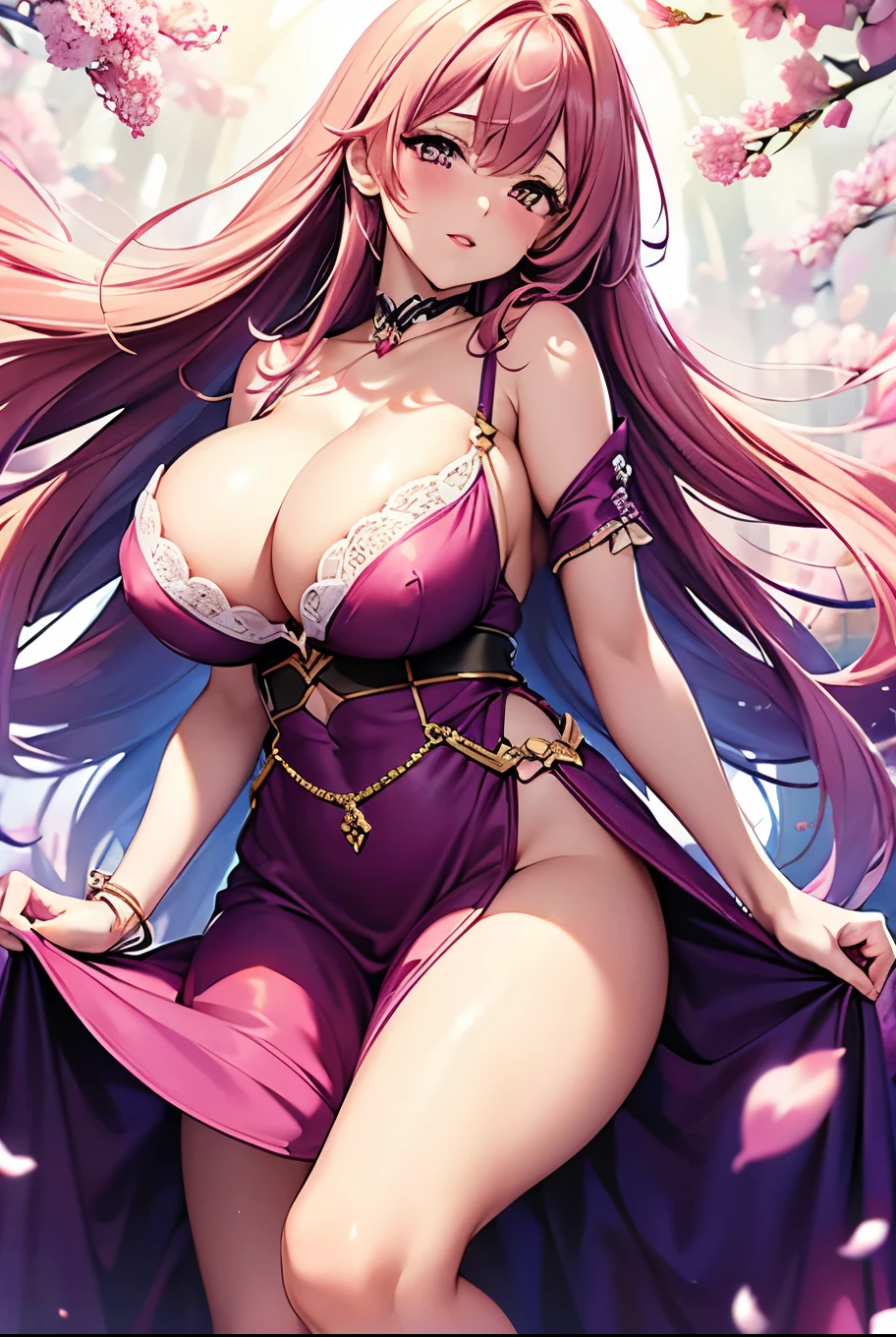(best quality, 8K, high resolution, masterpiece:1.2), Digital Artwork, A girl, Delicate face, Delicateeyes, Pink Hair, Long straight hair, Glowing purple eyes, red lips, Suspenders, Fantasy Landscape, Vibrant colors, Soft Light, Whimsical atmosphere, Blooming flowers, floating long dress, fine details, Ethereal Background, Dreamy aura,、Huge breasts(10.0),Deep cleavage(10.0),Nipple protrusion(10.0),、Huge breasts(10.0),Deep cleavage(10.0),Nipple protrusion(10.0)