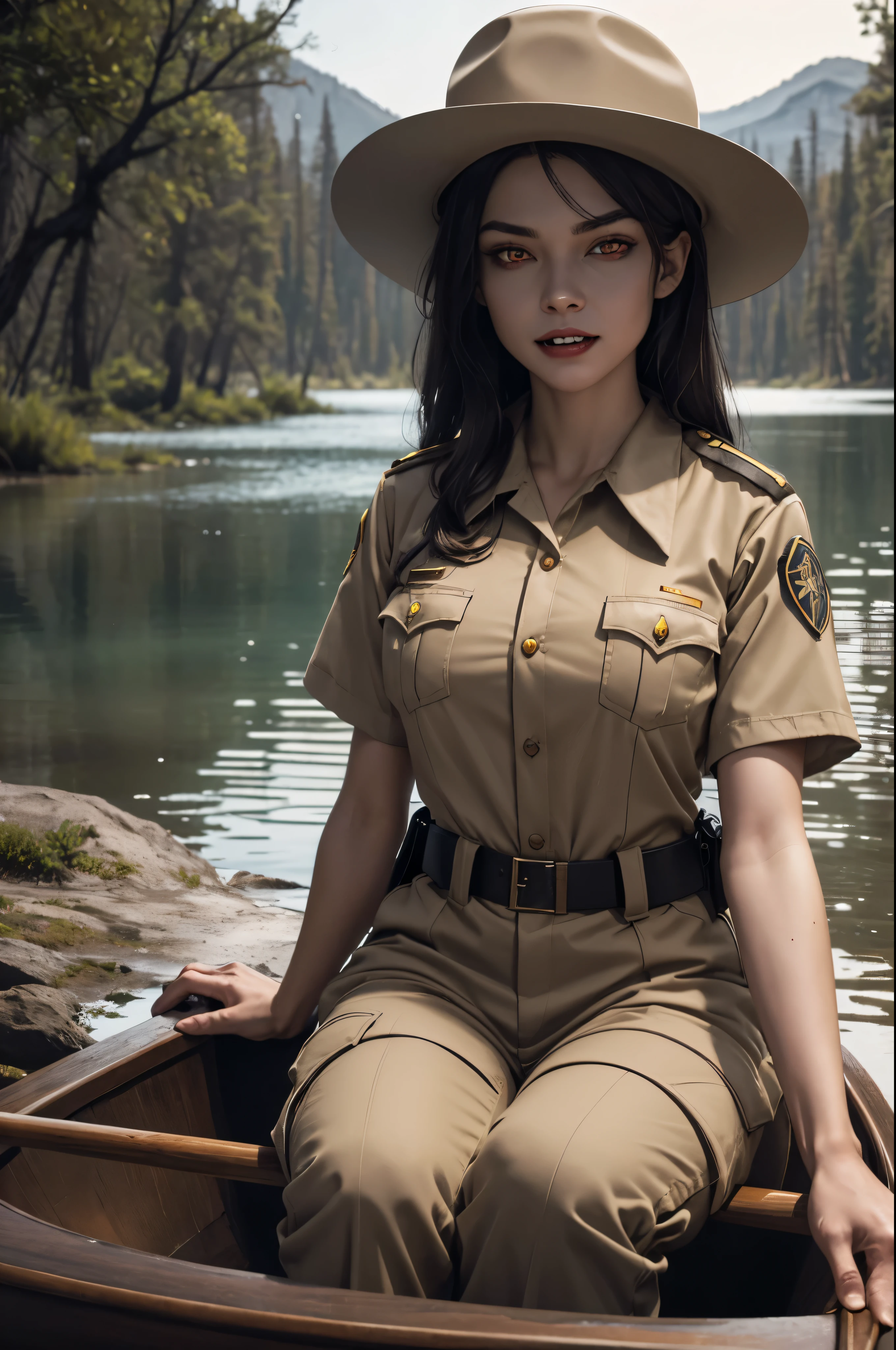 ((night)) (moonlight) ((a deserted lake)) Vampire woman, (((red eyes and fangs))), pale skin, (((park ranger uniform, park ranger hat, beige National Park uniform, short sleeves)))), (open mouth, blood on mouth), (evil grin), looking at viewer, sitting in a canoe, sopping wet, style of a painted book illustration, dramatic lighting, (depth of field), ((masterpiece)), ((best quality)), ((highly detailed)), horror theme