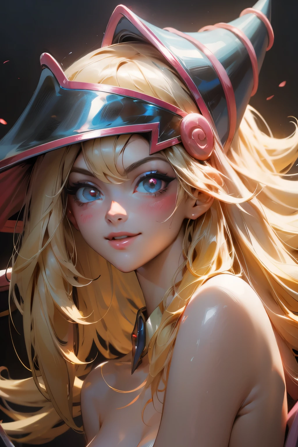 Hermoso rostro de dark magician gils, ojos azules. Labios rosados. Cabello rubio y largo. Ombros descubiertos, sonrisa angelical, hermoso rostro bien detallados de dark magician gils. Nude. Hot. Sexy. Nude