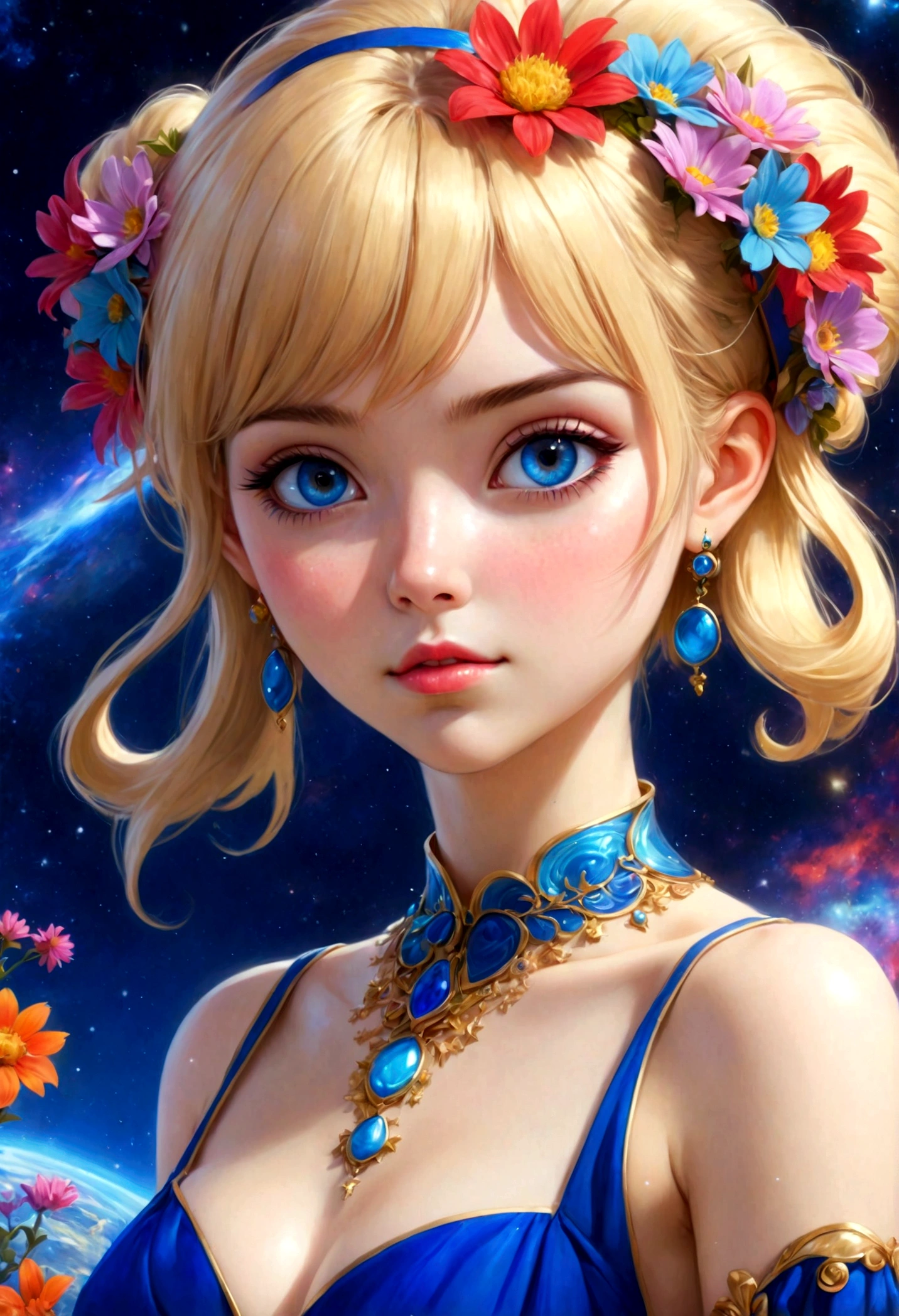 Rodymark, Top Quality, Masterpiece, 1 Female, Solo, (Abstract Art: 1.4), (Psychedelic Theme: 1.6), (Ultramarine World: 1.5), (Lots of Creatures: 1.5), (Space World: 1.5), (At the Center of the World is the Most Beautiful Woman in the World), (Lots of Stars Falling: 1.5), A ray of light spreads, crystals spreading from the center, Prisma (Nostalgic Landscape: 1.5), (Colorful Flowers: 1.5), Garden Girl, Absurd, Super Detailed, Bright Colors, Very Beautiful Detailed Anime Face and Eyes, Short Hair, Asymmetrical Bangs, Blonde Hair in Short Twin Tails, Shiny Hair, Delicate and Beautiful Face, Red Blushes, Blue Eyes, White Skin, Hair Clip, Earrings, Necklace,