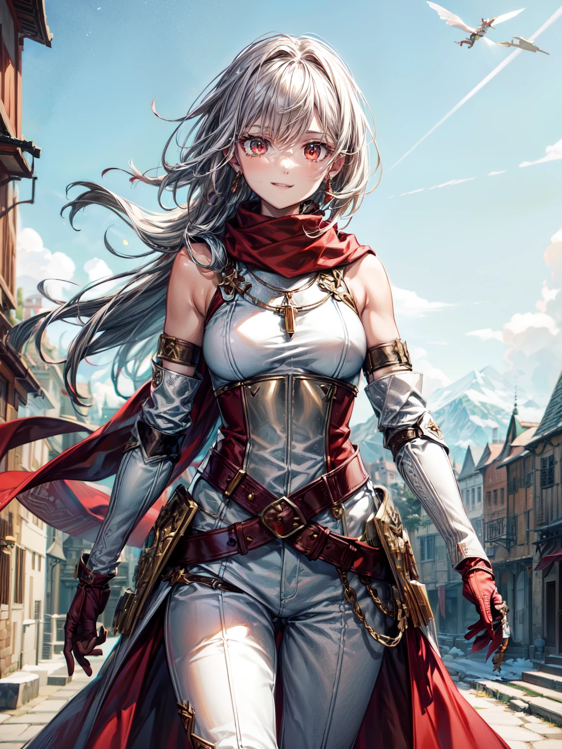 def_mareeta, white pants ,brown shoulder armor, red fingerless gloves, belt, earrings, jewelry, scarf, brown breastplate, green dress, black elbow gloves, pauldrons, thigh strap, sleeveless, red scarf, masterpiece, best quality, absurdres, village, river, looking at viewer, smile, upper body, cowboy shot