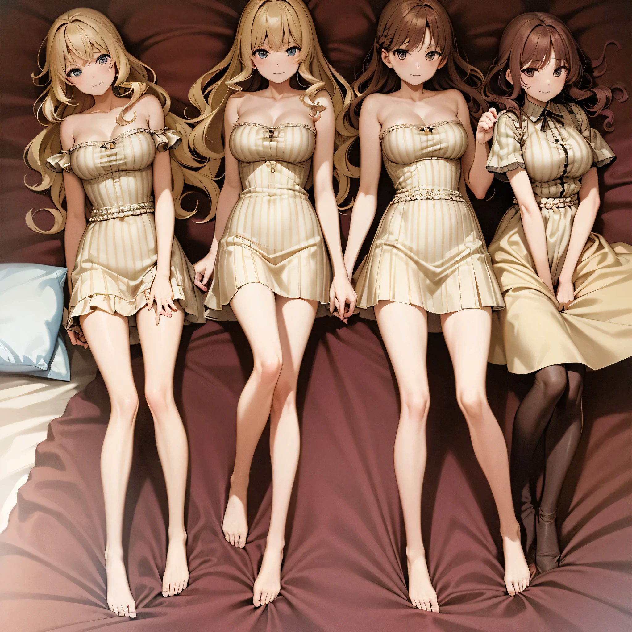 masterpiece，high quality，Multiple girls，organize，Same sisters，blond，curls，（brown hair sisters，blond sister，many sisters，Matching hairstyle，Different hair colors），Hazel eyes，Large bust，（（Matching clothing，） )、Smile、Same height、Organizing attitude、Full body photo lying on bed