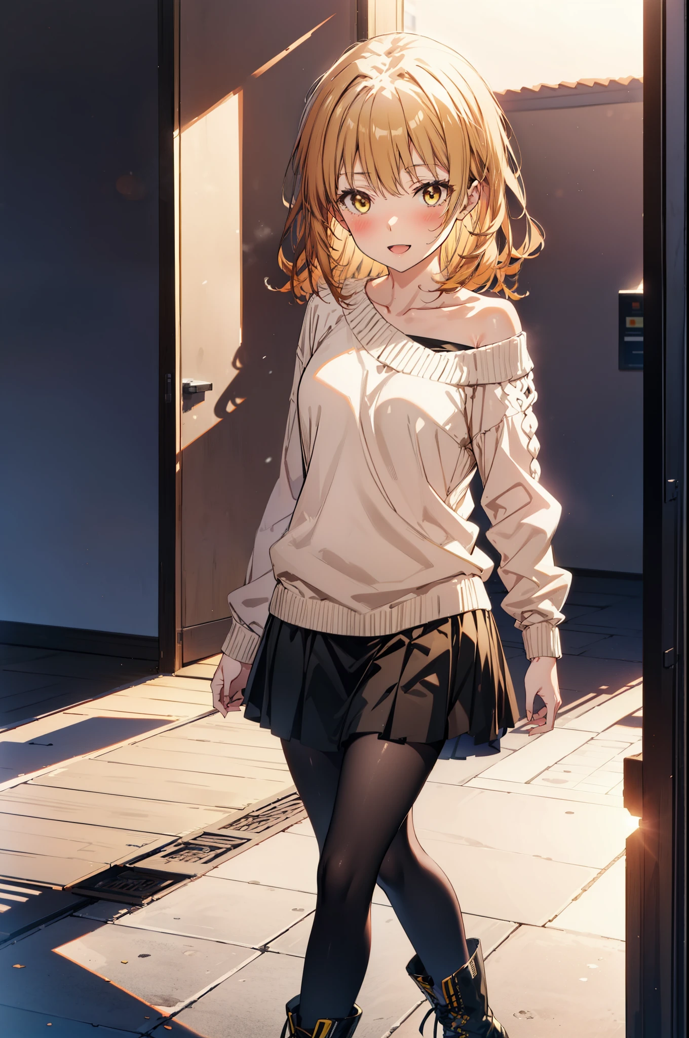 irohaisshiki, iroha isshiki, Long Hair, Brown Hair, (Brown eyes:1.5), happy smile, smile, Open your mouth,Yellow one-shoulder sweater,black long skirt,Black pantyhose,short boots,morning,morning陽,The sun is rising,whole bodyがイラストに入るように,Walking,scenery Building district,
break outdoors, balcony,
break looking at viewer,whole body,
break (masterpiece:1.2), highest quality, High resolution, unity 8k wallpaper, (figure:0.8), (Beautiful fine details:1.6), Highly detailed face, Perfect lighting, Highly detailed CG, (Perfect hands, Perfect Anatomy),