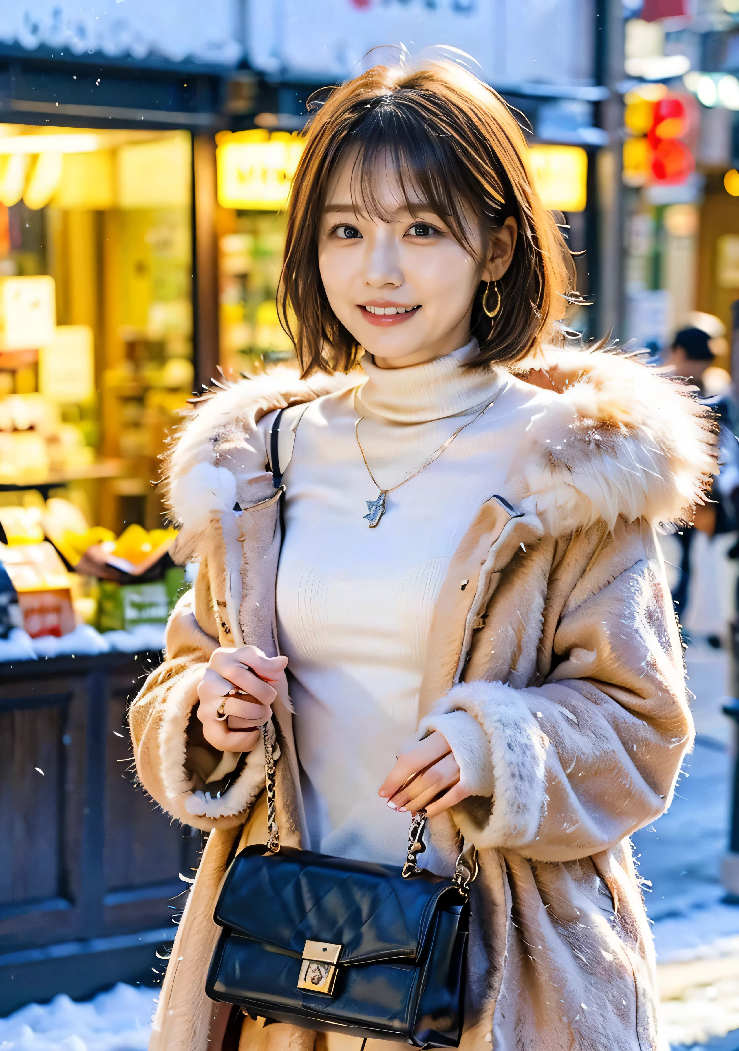 Outdoors in the city、Fur coat、Luxurious grey mink fur coat、Wearing leather boots、Luxury bags、Inner turtleneck、Silver necklace and tiny silver earrings illionaire style:1.4））、Full body photo、smile、 Caustics、Highly detailed photos、Very beautiful woman 、Ample breasts、No makeup、(8k、RAW Photos、highest quality、masterpiece:1.2)、(Realistic、Realistic)、1 girl、((Medium Short Hair、Midwinter、Cold region Snow falling、The wind is blowing、Fluttering Hair、blur background、Colorful illuminations、Looking into the camera:1.4))、
