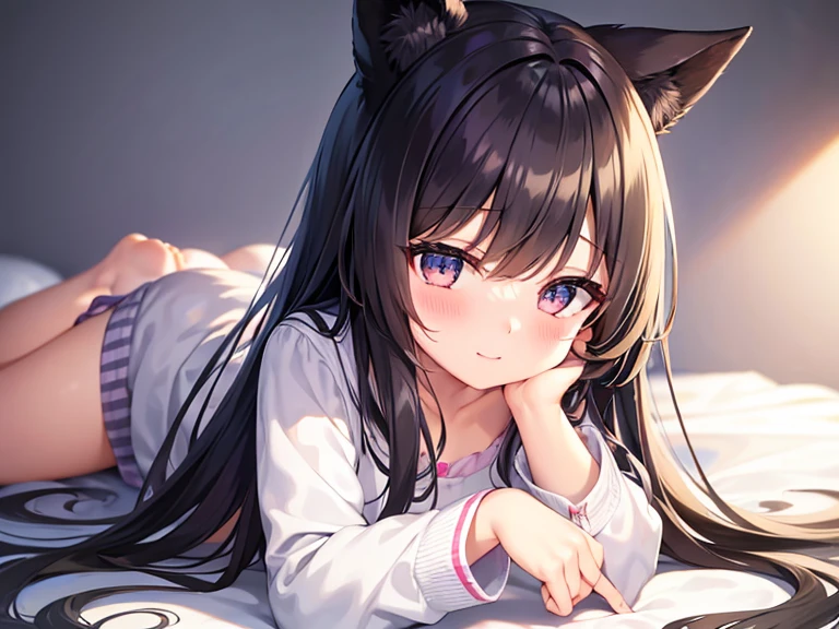 hand pat head,1girl, Teaching Feeling, Sylvie, silver eyes, dulce smile, blusa sin mangas, sentada en el piso, black hair