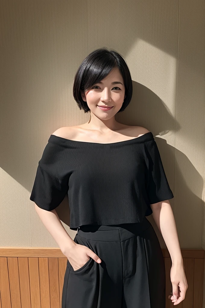 1woman, idol, short hair, black hair, cafe, 20 years old, short sleeve crop style blouse, off shoulder, black culotte pants, smile, see here