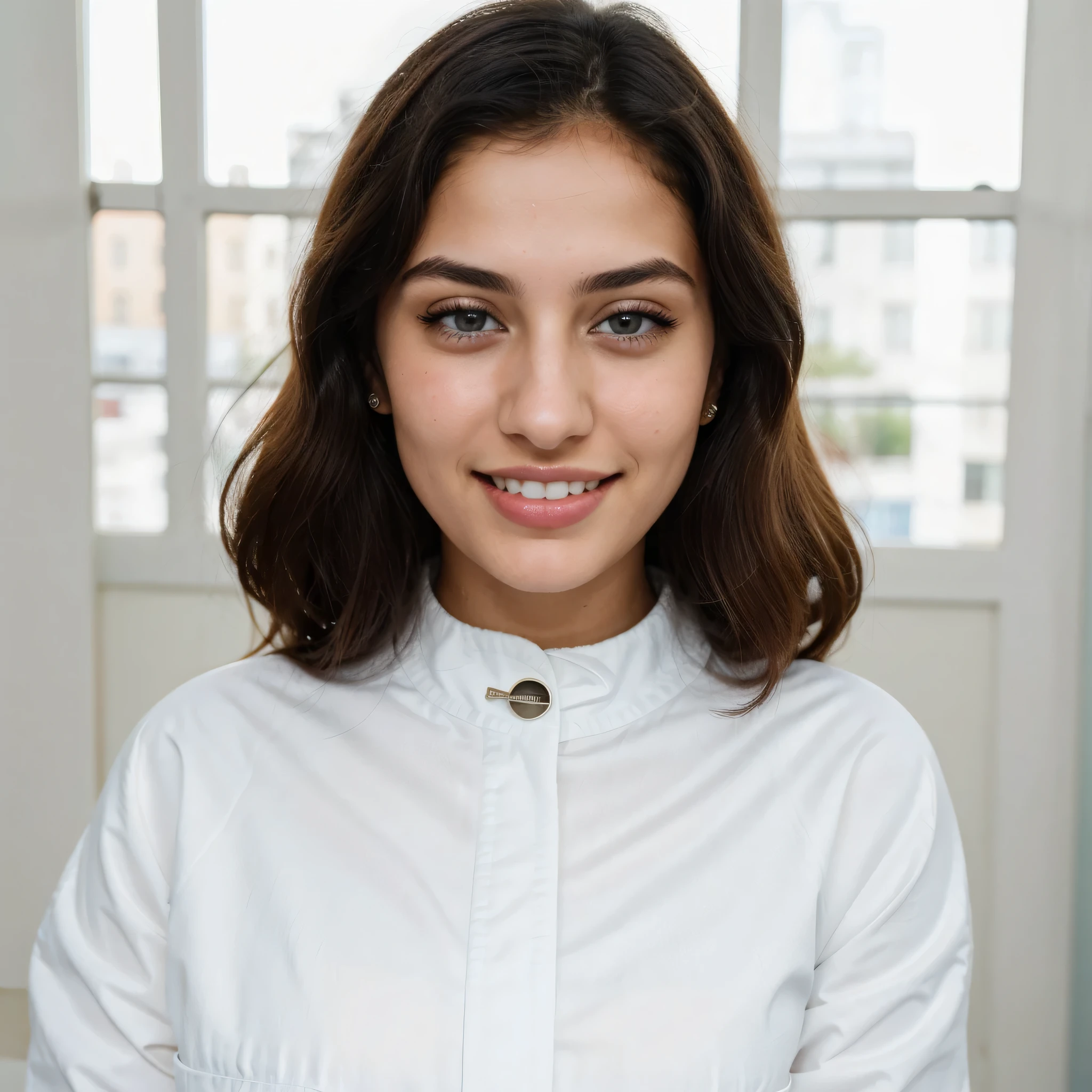 (8k, highest quality, ultra detailed:1.37, mid-range image),1girl, white teethes, small nose, big eyes, 18yo, blue jacket, in a dentist clinic, setting on the dentist chair, light blue eyes, small head, acne,bad skin,small nose, acne skin, real, thick hair, super realistic detailed eyes, super realistic detailed teethes, Arab women, modest, attractive smile, white teeth, showcases her unique fashion sense in a trendy setting. The high-resolution image captures ultra-detailed realism, highlighting confident pose, captivating eyes, big eyes, and flawless complexion.