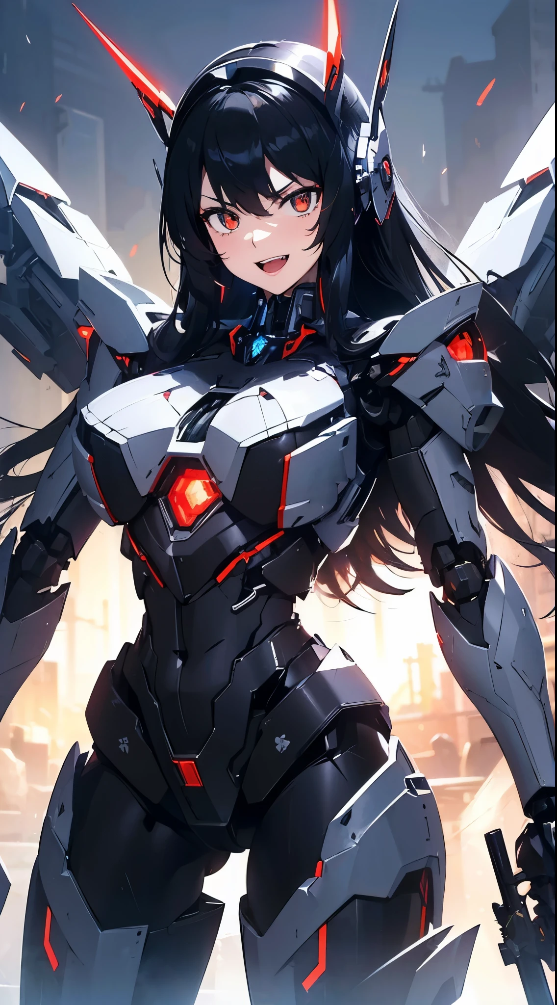 Machine eyes glowing red、evil smile、Open your mouth