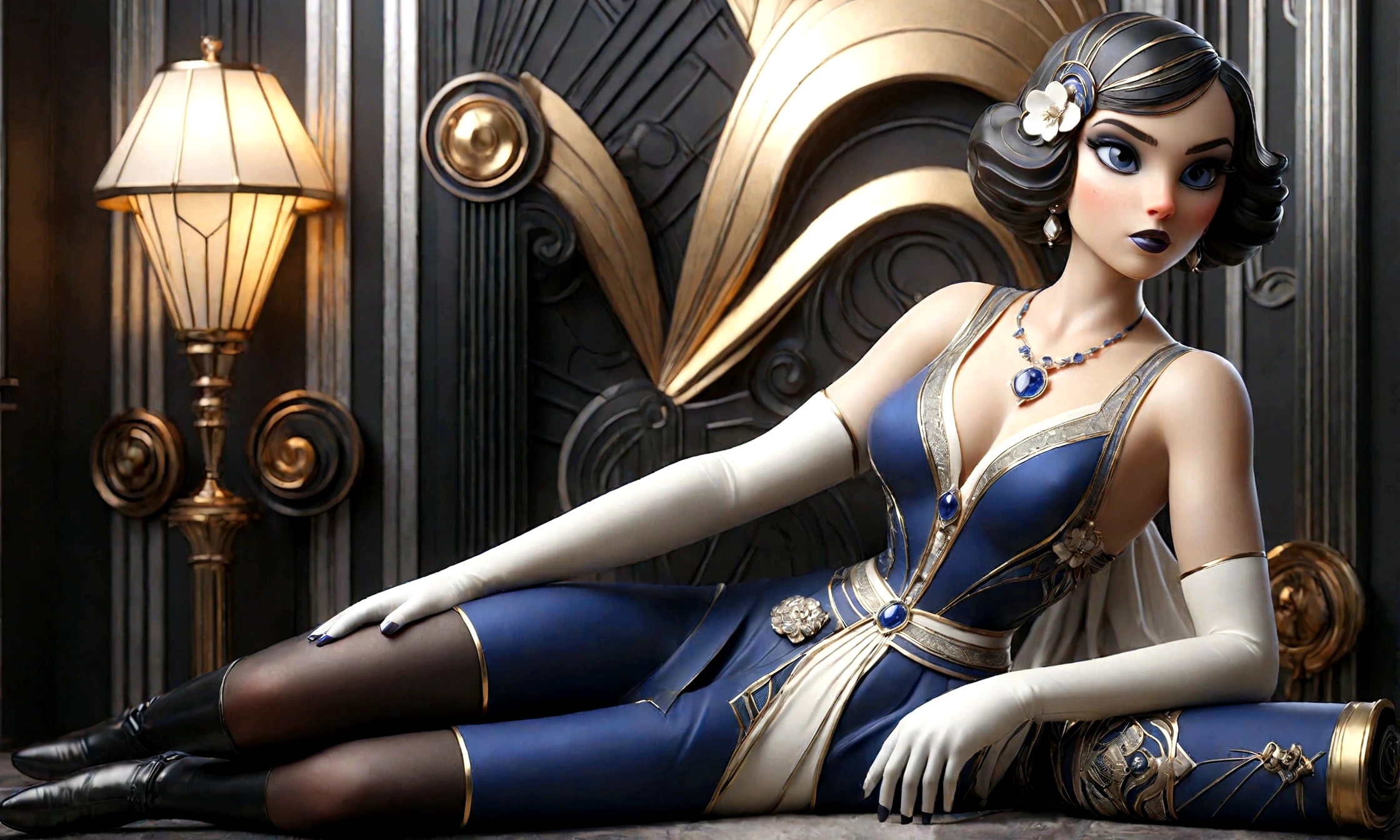 fantasy art deco (art deco: 1.5) A (black and white: 1.5) glamours model shot, RAW, award winning, of an exquisite beautiful ((1single)) woman, ultra feminine, full body, busty woman, most beautiful face, long hair, wavy hair, wearing (blue: 1.5) silk corset, stockings, wearing intricate high heels, lying in bed, light make up, modern day high society bedroom background, (black and white filter: 1.4), (anatomically correct: 1.4), 1960s photoshoot style, picture taken from dynamic range, ultra wide shot, photorealism, depth of field, hyper realistic, Dark Art Painting Style, ais-artdeco, Hyperrealism style
