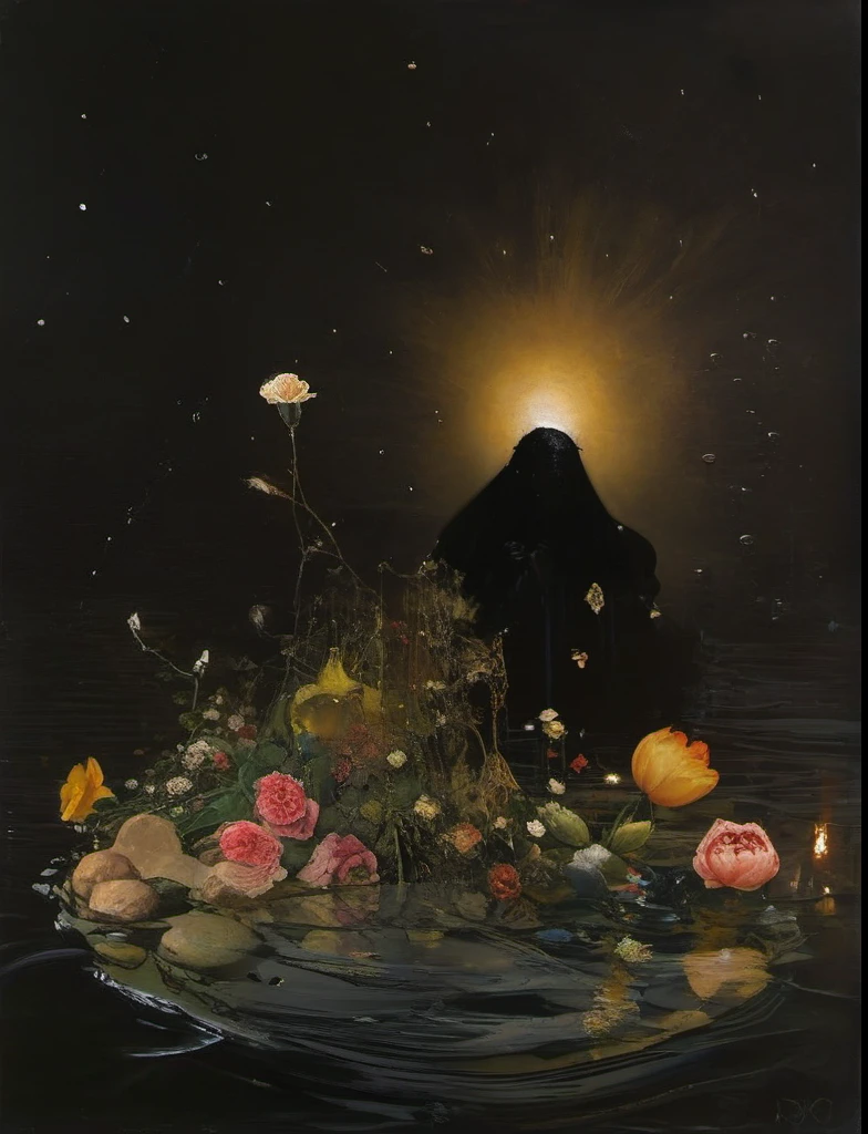 James Gurney, Surrealist art , dream-like, Mysterious, Provocative, symbolic, Complex, detailed,, (Gothic but very beautiful:1.4), (masterpiece, highest quality:1.4) , Nicola Samori Style, Flowers in the water