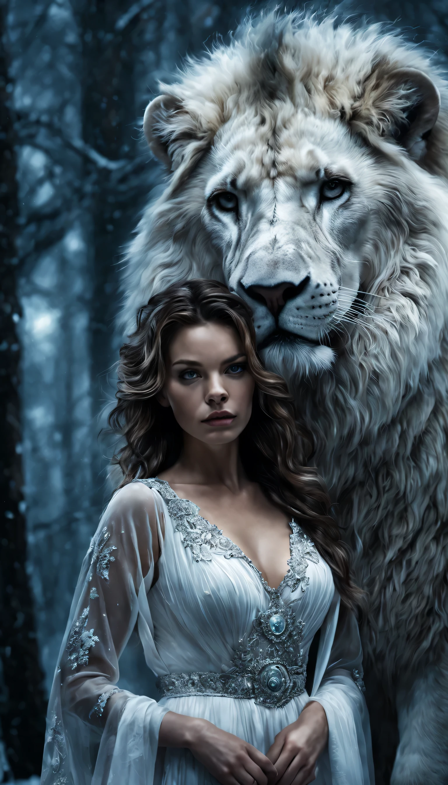 dark and magical night, magic fog, Beautiful and beautiful woman next to a white lion, movie cover style, similar to actress lauren german, realista, white lion with the German Lauren, 24-year-old, efecto magico, arte crudo, mejor calidad, focus on details, lauren german, vestido de abrigo, ojos azules, pelo largo y blanco como la nieve, Fondo De Imagen De Bosque Oscuro, movie cover style, girl walking in the snowy forest, woman and lion.