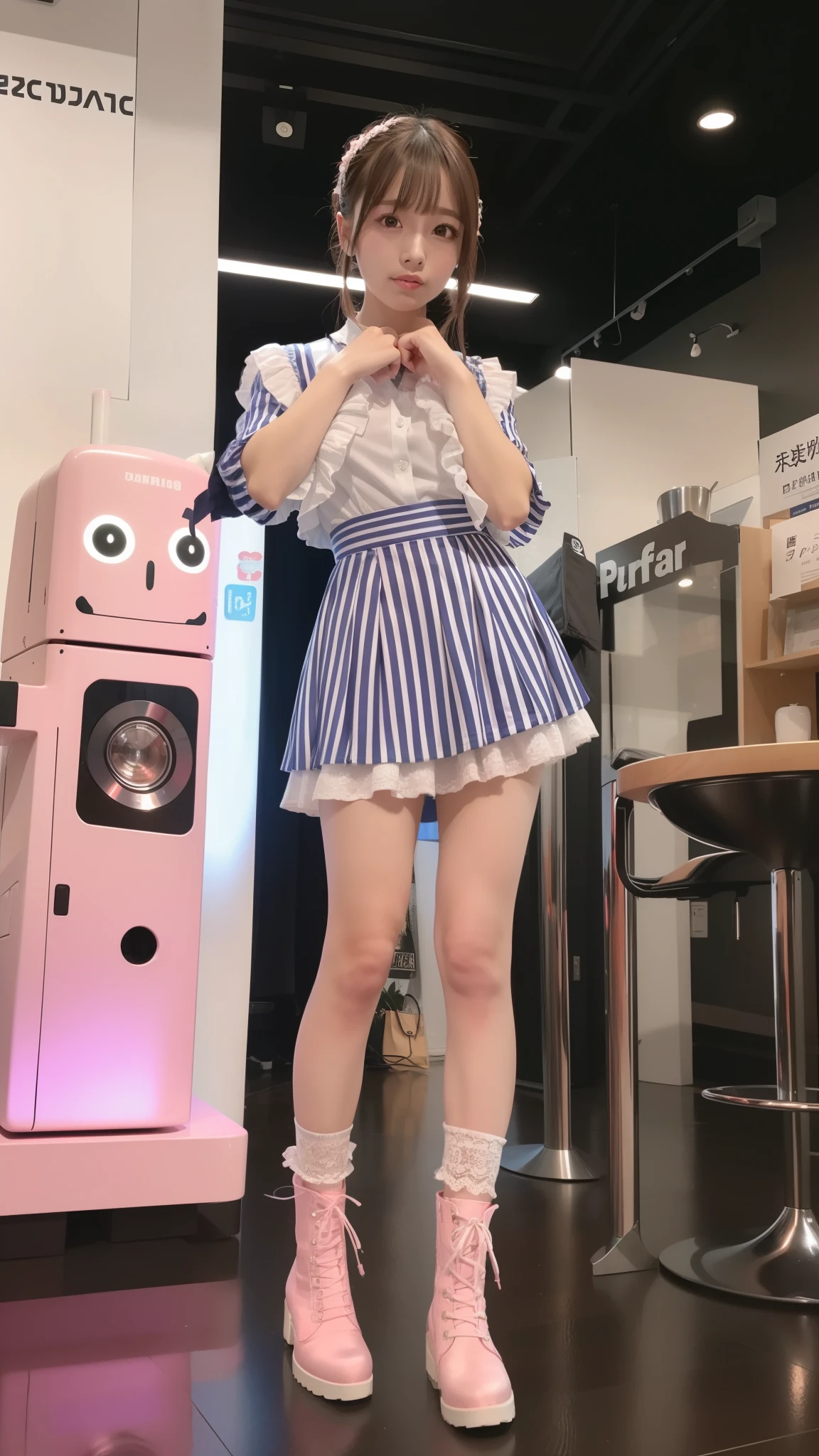 Costume like a idol, blue and white half sleeve Jacket, pink satin ruffled blouse, White and pink stripe pleated skirt, white lace up boots
