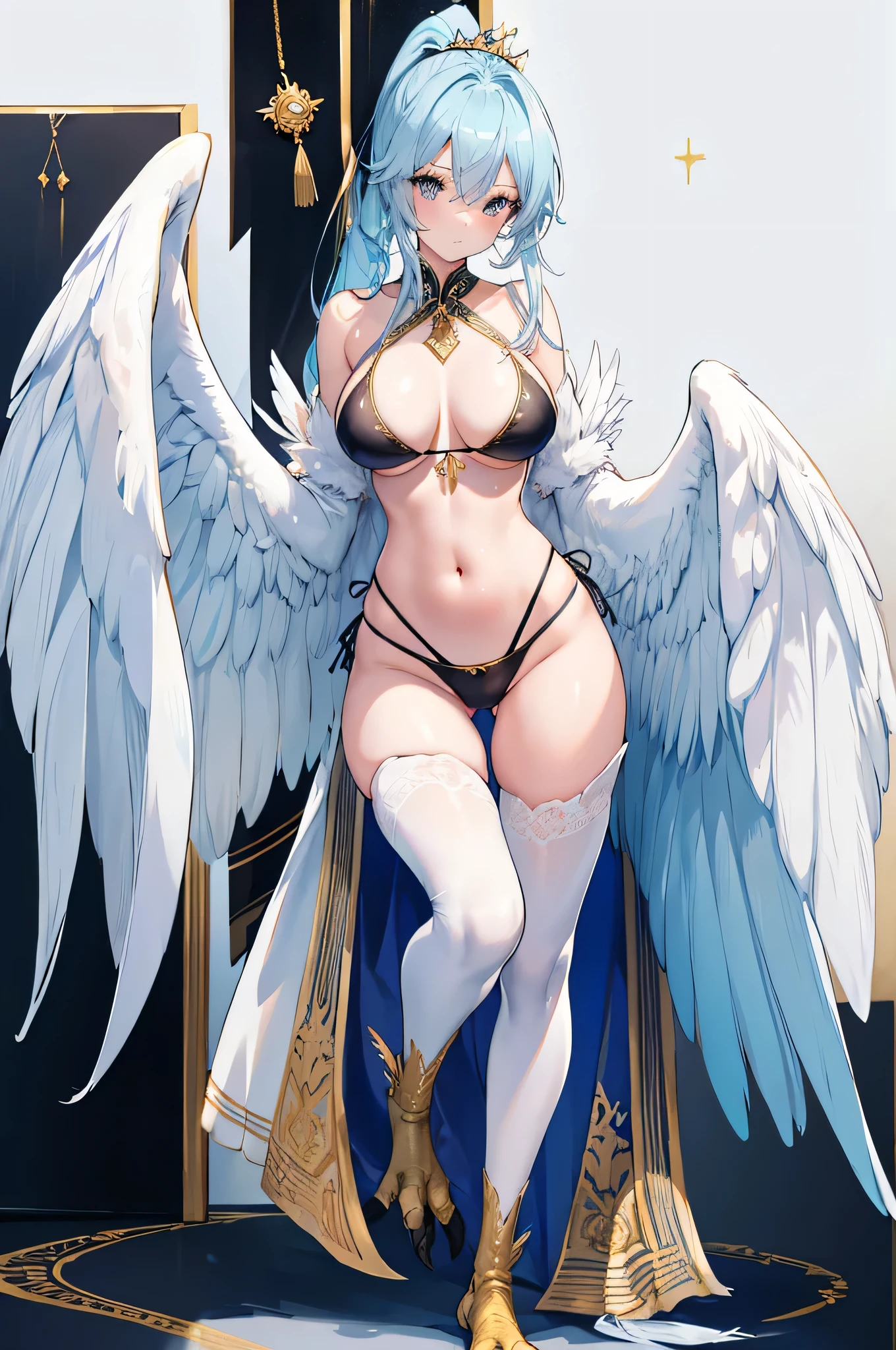 4k,High resolution,One Woman,Harpy,Light blue hair,Long Ponytail,Big Breasts,White Wings,Golden toenails,Queen,Black Bikini,High leg,Queen's Crown,Jewelry decoration