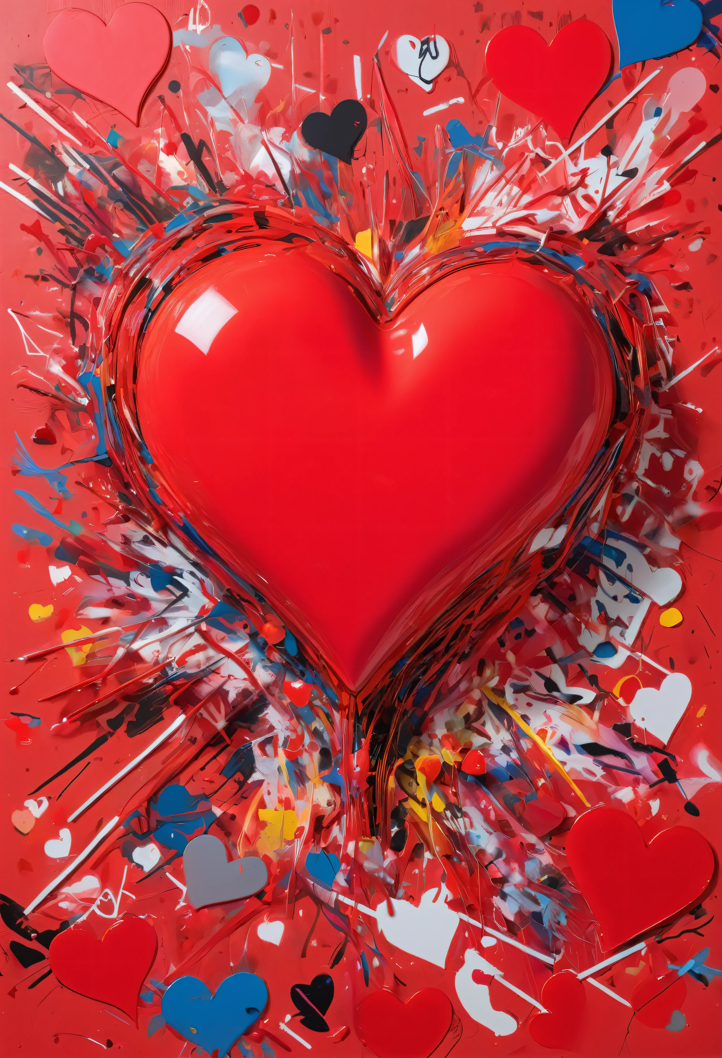 Graffiti, scribble, Comics by Petra Cortright, best quality, masterpiece, 3d red heart artwork, Representative work, official art, Professional, Ultra intricate detailed, 8k, 3d red heart art, colourful background 