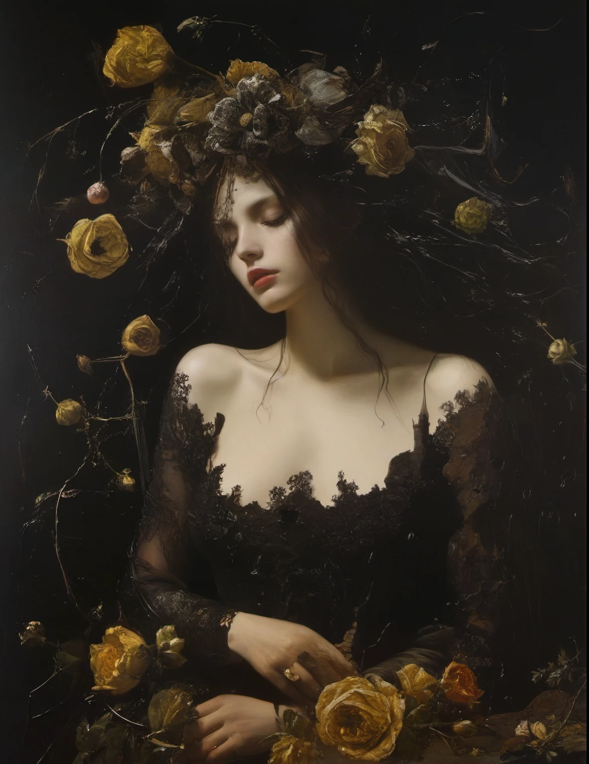 James Gurney, Surrealist art , dream-like, mysterious, Provocative, symbolic, Complex, detailed,, (Gothic but very beautiful:1.4), (masterpiece, Highest quality:1.4) , Nicola Samori Style, Naked woman with flowers growing from her chest、canary