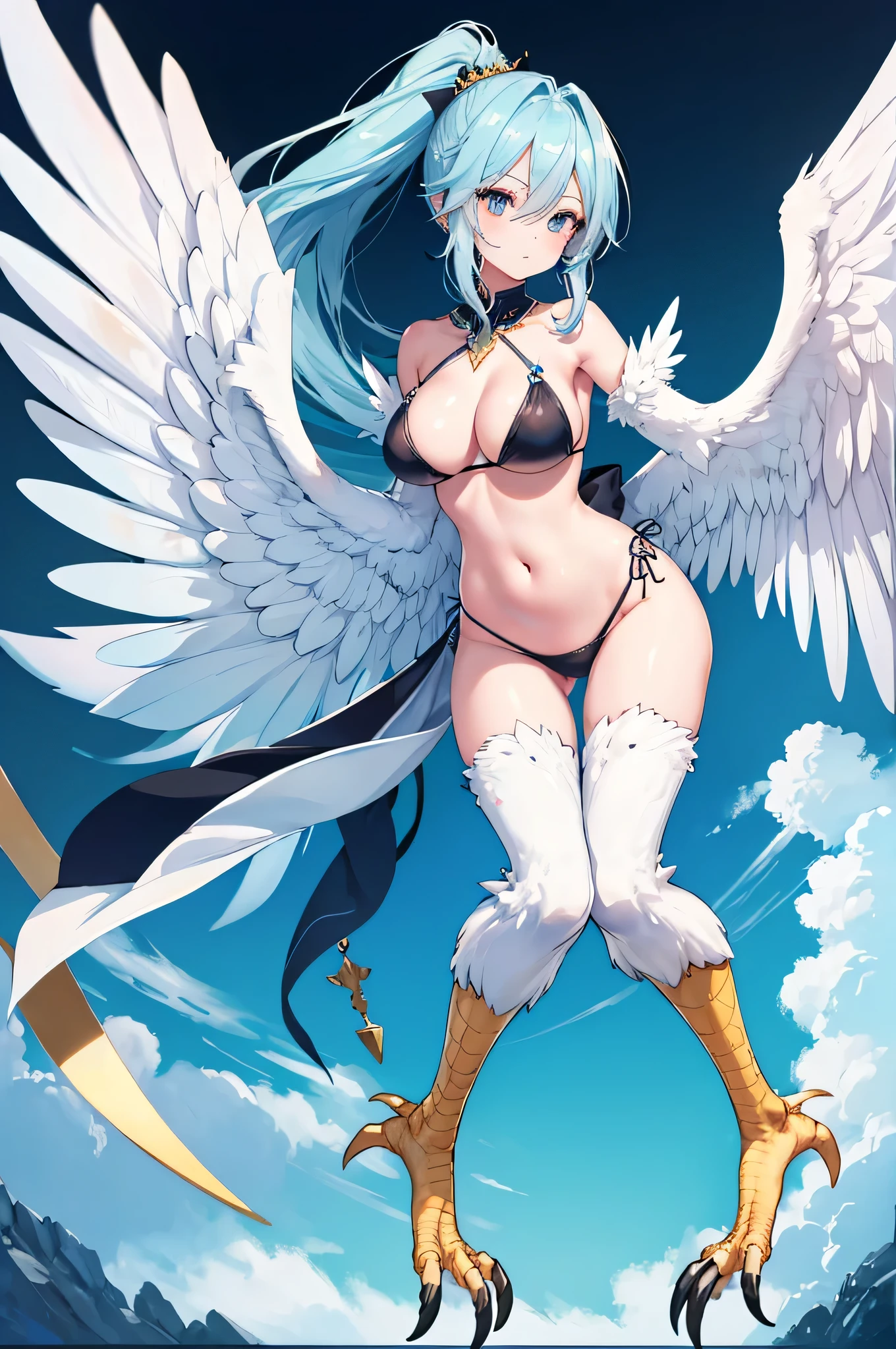 4k,High resolution,One Woman,Harpy,Light blue hair,Long Ponytail,Big Breasts,White Wings,Golden toenails,Queen,Black Bikini,High leg,Queen's Crown,Jewelry decoration