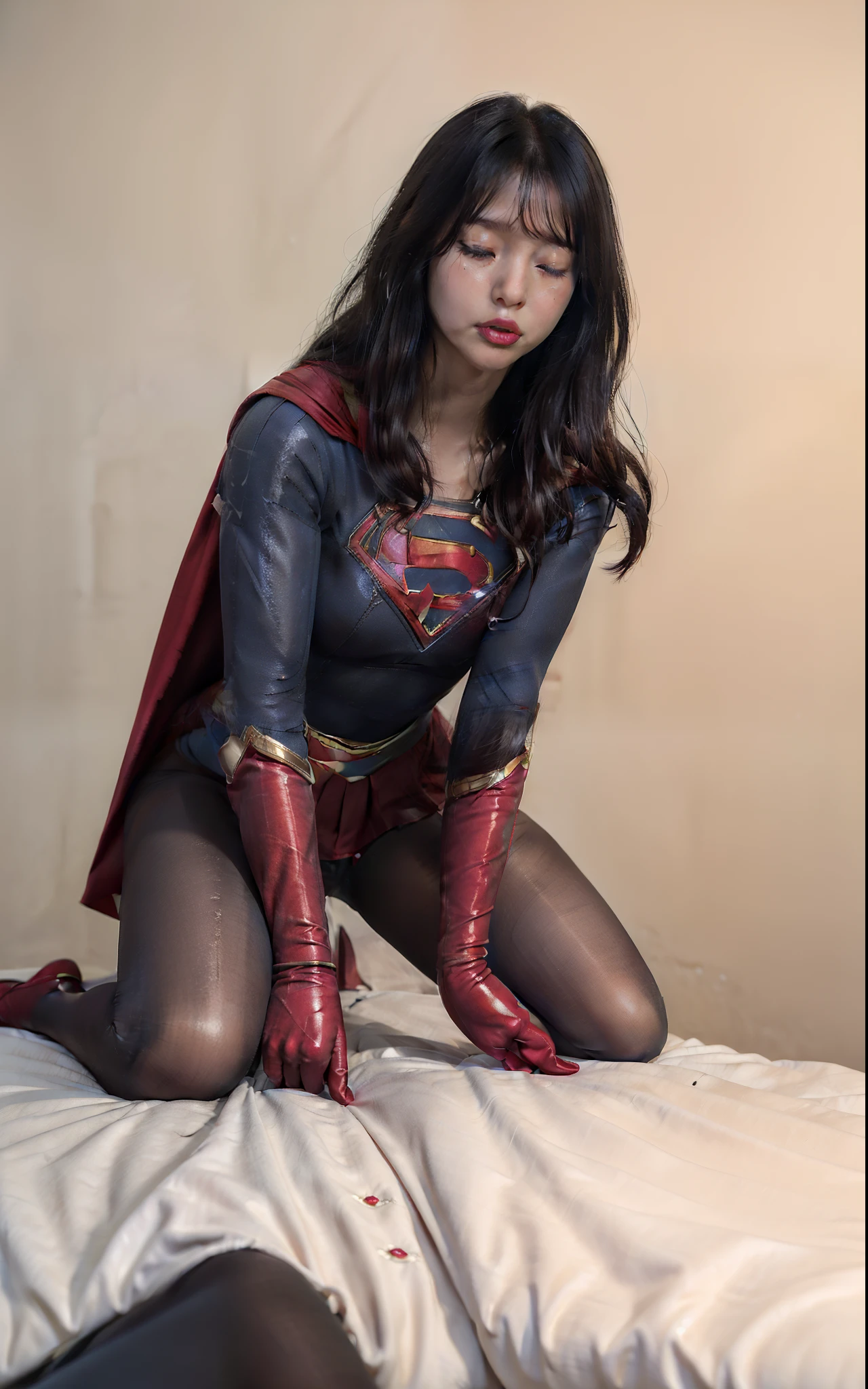 (((Make the most of your original images)))、(((Supergirl Costume)))、(((hang)))、(((close your eyes、Sleeping)))、((bra、weak legs))、(((Downward、Pushed down)))、((obtain))、((suffering))、((Doll condition))、((suffering))、(((Wear red gloves)))、(((Shiny black hair)))