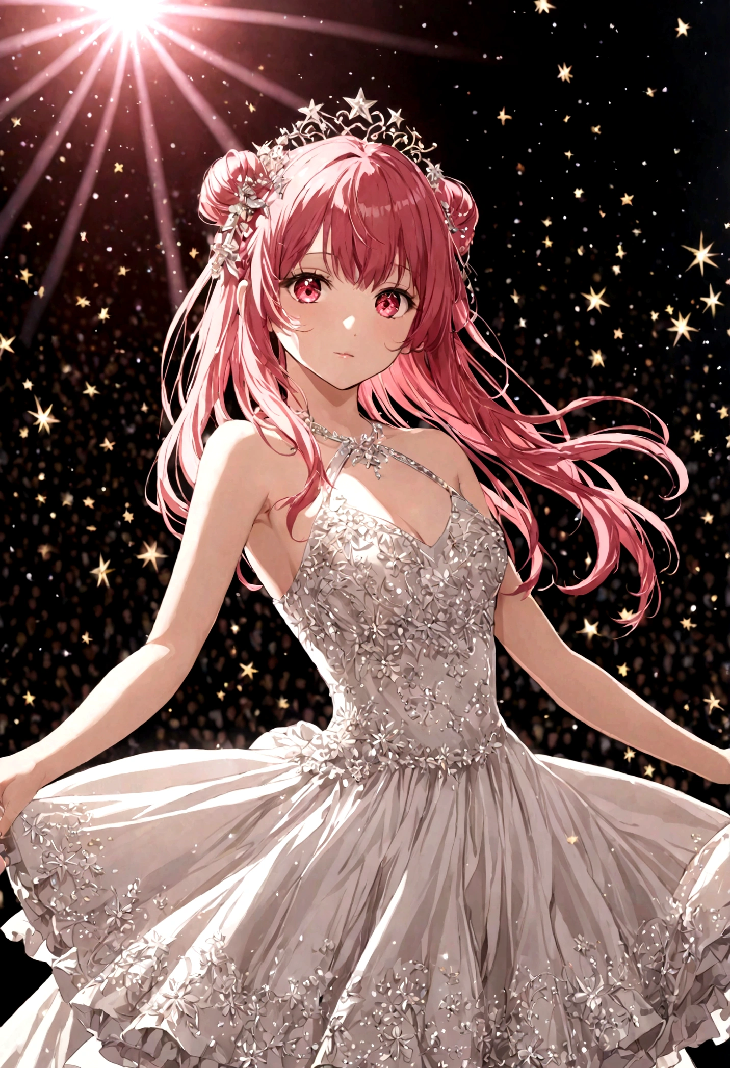 1girl, solo, best quality, masterpiece , Ruby Hoshino,  hair ornament, sparking eyes, star on eye, (star on right eye:1), (dress:1.4), (concert1), on the stage,