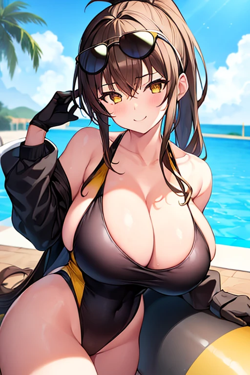 1girl, one-piece swimsuit, black one-piece swimsuit, brown hair, ponytail, highleg, cleavage, eyewear on head, yellow eyes, yellow trim, bare legs, thick thighs, huge breasts, smile, pool, competition swimsuit, sleeves, long sleeves, gloves