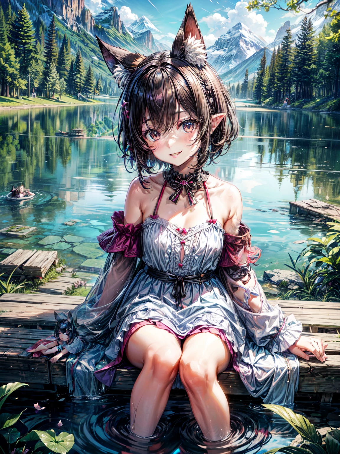 7 、Cute Girls、Fetish、Happy smile、lake、ruins、Bathing、Beautiful background、Four Girls、Off-the-shoulder dress、Animal Ears、Black Hair、Brown eyes、Pointed Ears、Short Hair、Fox Ears、Animal Ears、