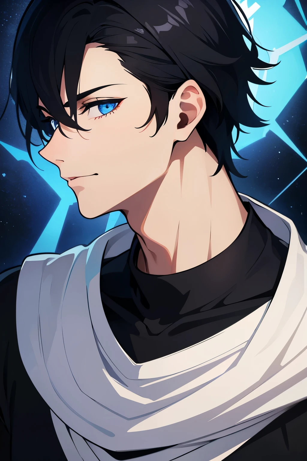 He has blue eyes, black hair, normal black shirt, white skin, anime, masterpiece, ultra-detailed