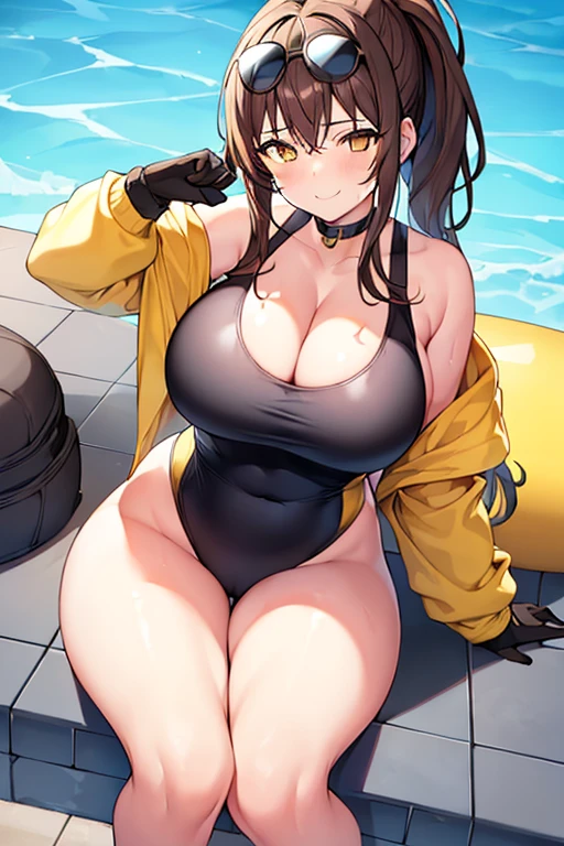 1girl, one-piece swimsuit, black one-piece swimsuit, brown hair, ponytail, highleg, cleavage, eyewear on head, yellow eyes, yellow trim, bare legs, thick thighs, huge breasts, smile, pool, competition swimsuit, sleeves, long sleeves, gloves, chocker