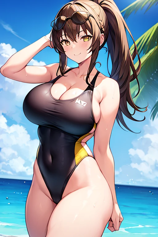 1girl, one-piece swimsuit, black one-piece swimsuit, brown hair, ponytail, highleg, cleavage, eyewear on head, yellow eyes, yellow trim, bare legs, thick thighs, huge breasts, smile, pool, competition swimsuit, sleeves, long sleeves, gloves, chocker