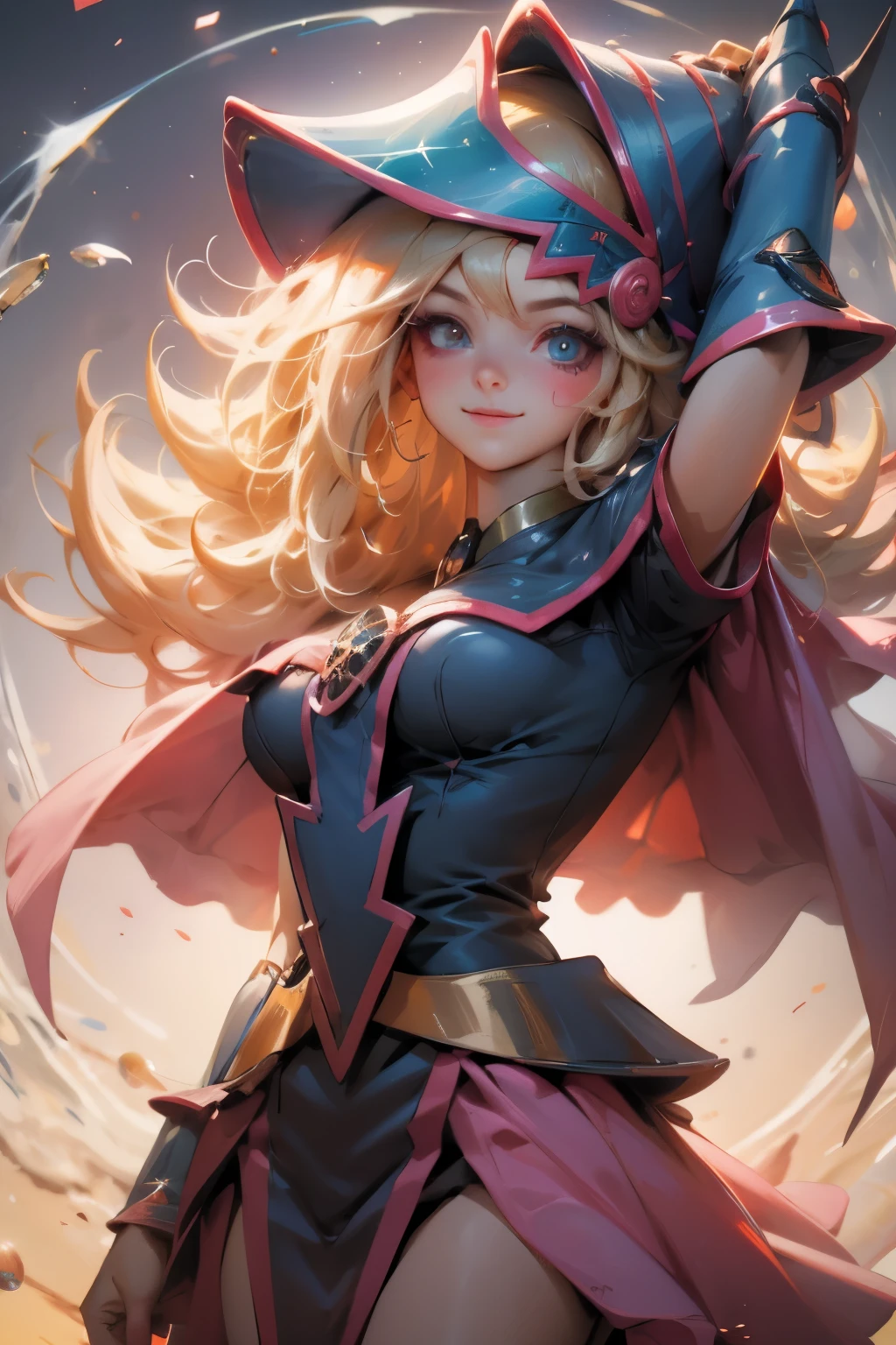 Hermoso rostro de dark magician gils, ojos azules. Labios rosados. Cabello rubio y largo. Ombros descubiertos, sonrisa angelical, hermoso rostro bien detallados de dark magician gils. Ropas transparentes. You can see her nipples through her clothes