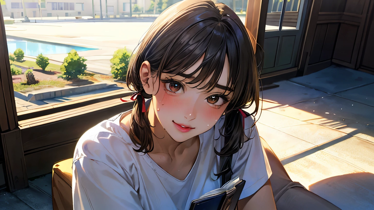 (masterpiece:1.3, highest quality, Ultra-high resolution, Super detailed), (Realistic, photoRealistic:1.4), Beautiful illustrations, Perfect lighting, Natural light, Depth of written boundary, , 
Beautiful detailed hair, Beautifully detailed face, Beautiful fine details, Beautiful clavicle, Beautiful body, Beautiful breasts, Beautiful thighs, Beautiful feet, Beautiful Hands, 
View Viewer, 1 girl, high school girl,  (Perfect Anatomy, Anatomically correct, Highly detailed skin), Cute and symmetrical face, Baby Face, Perfect Face, Perfect Eyes, 
(short hair:1.4, Twin tails:1.7, Brown Hair), Swept-apart bangs, Golden Eyes, Long Eyelashes, (Medium chest, juicy thighs, Attractive thighs), Bare arms, Bottomless, 
((Detailed cloth texture, (Crop top:1.1), ), White Hair Ribbon), 
(Beautiful views), evening , (Cute smile, Lips parted, Sweaty), Reading a book,I have a book,whole body,Open legs,Attractive legs