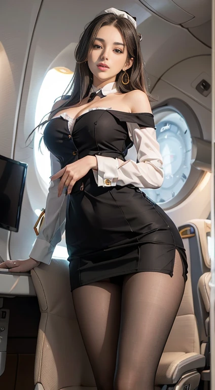(From the outside) , many color,Best quality at best,8K,real photograph,Delicate skin details,masterpiece,photograph of-realistic,Complicated details,RAW photogr,ssmile,florals,stewardess,sockes,Extra-long hair,cropped shoulders, off shoulder blouse,delicated face,Expose cleavage,Hainan Airlines,Flight attendant professional attire,Manteau,a micro miniskirt,decorations,Perfect Finger,Dissection is correct,(Huge room,0.8),big cuvy hips,shiny skins,Shooting from front, showing white panties,
(Masterpiece), Best quality, Highest quality, Detailed and intricate, Original, full bodyesbian, A high resolution,
(16 yaers old),Extremely detailed_Eyes, Sexy big breasts,
Simple Diamond Earrings, Detailed skin,
finger nails, Beautiful fingers,
((Flight attendant uniform)), (Black pantyhose:1.1), Black high heels, Black short skirt uniform, in an airplane((inside airplane:1.2, Motion capture)), Back view, Perfect anatomy,