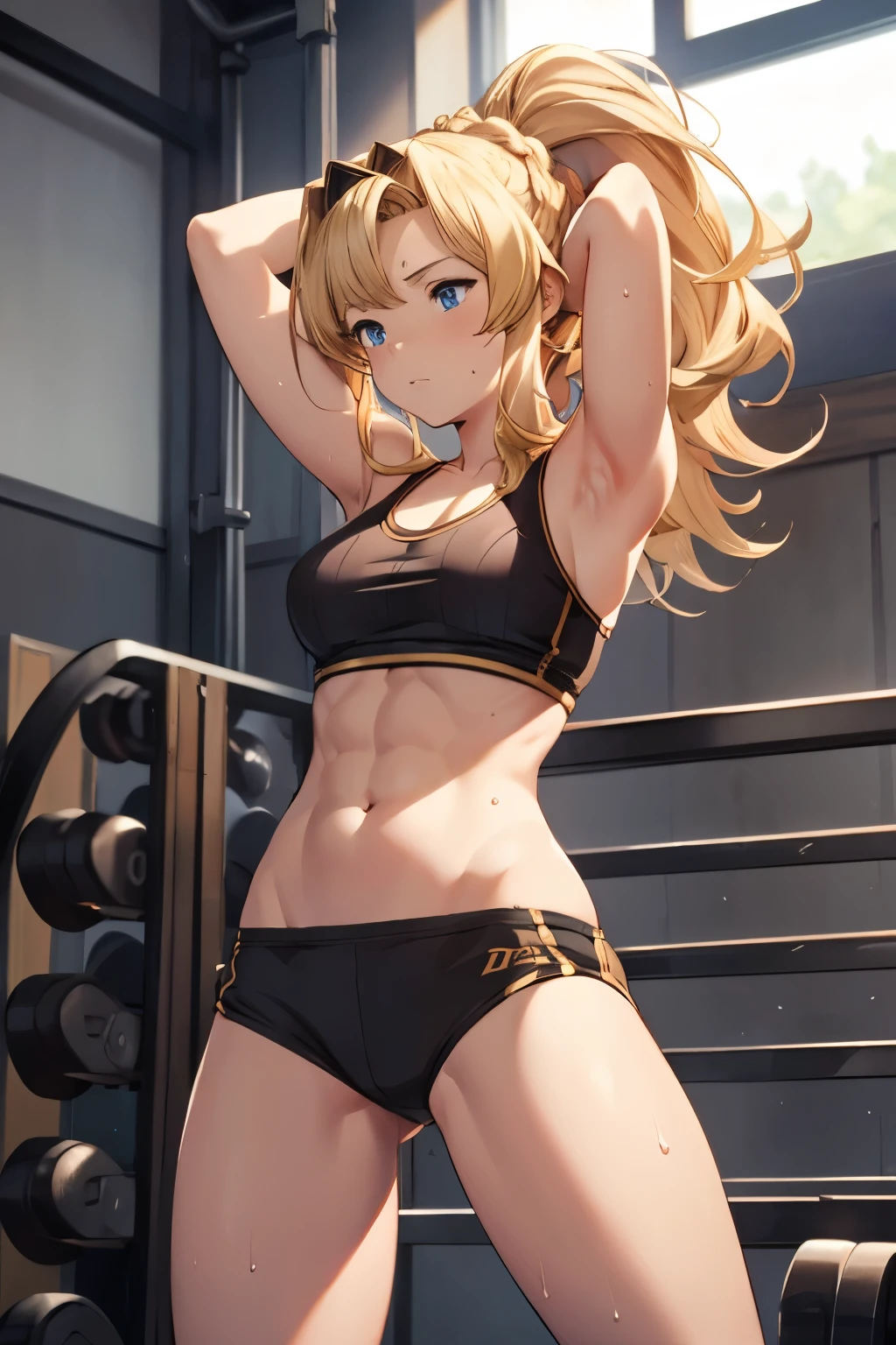 Close-up of a woman with long blonde hair, brown eyed woman, classic women, big breasts, had very large breasts, Made at Anime Painter Studio, Tits, clothing:black sports bra, women romance, anime style, muscular woman, feminine and muscular, tall, high school girl, adult sex appeal, wore a tight skirt, Are standing, anime dick!!!!, bare shoulders, bare arms, 