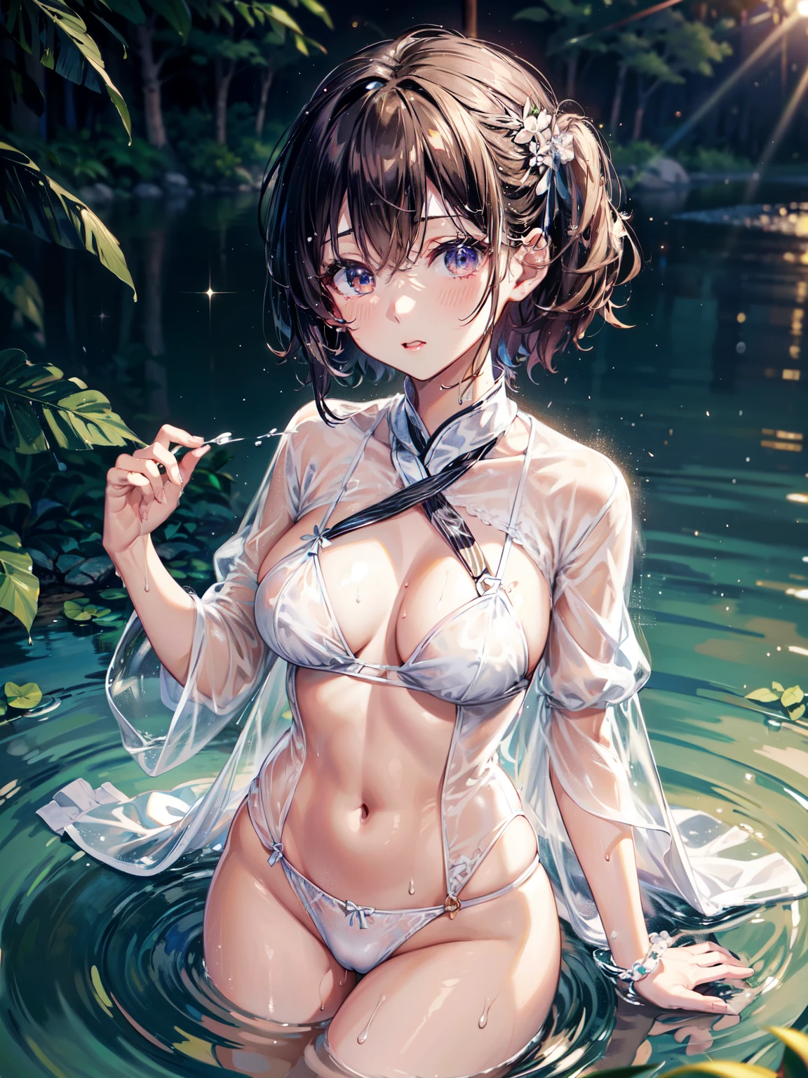 Idol gravure,(Night camp、Riverbank、firefly),Marshmallow Body,Cream that flows onto the skin,A lot of cream on the chest,Oblate-like clothing,Only short sleeves with less fabric、Wet, see-through clothes,The cutest, most sexy lingerie that is see-through in water、#quality(8k,Highly detailed wallpaper, masterpiece,High resolution,top-quality,top-quality real texture skin,Surreal,Increase the resolution,highest quality,Very detailed,wallpaper,Cinematic,Golden Ratio), break ,#(girl、Too much exposure、Semi-nude、Bold sexy pose),1 Girl(whole body),background(summer night、firefly、river、camp ),From here
