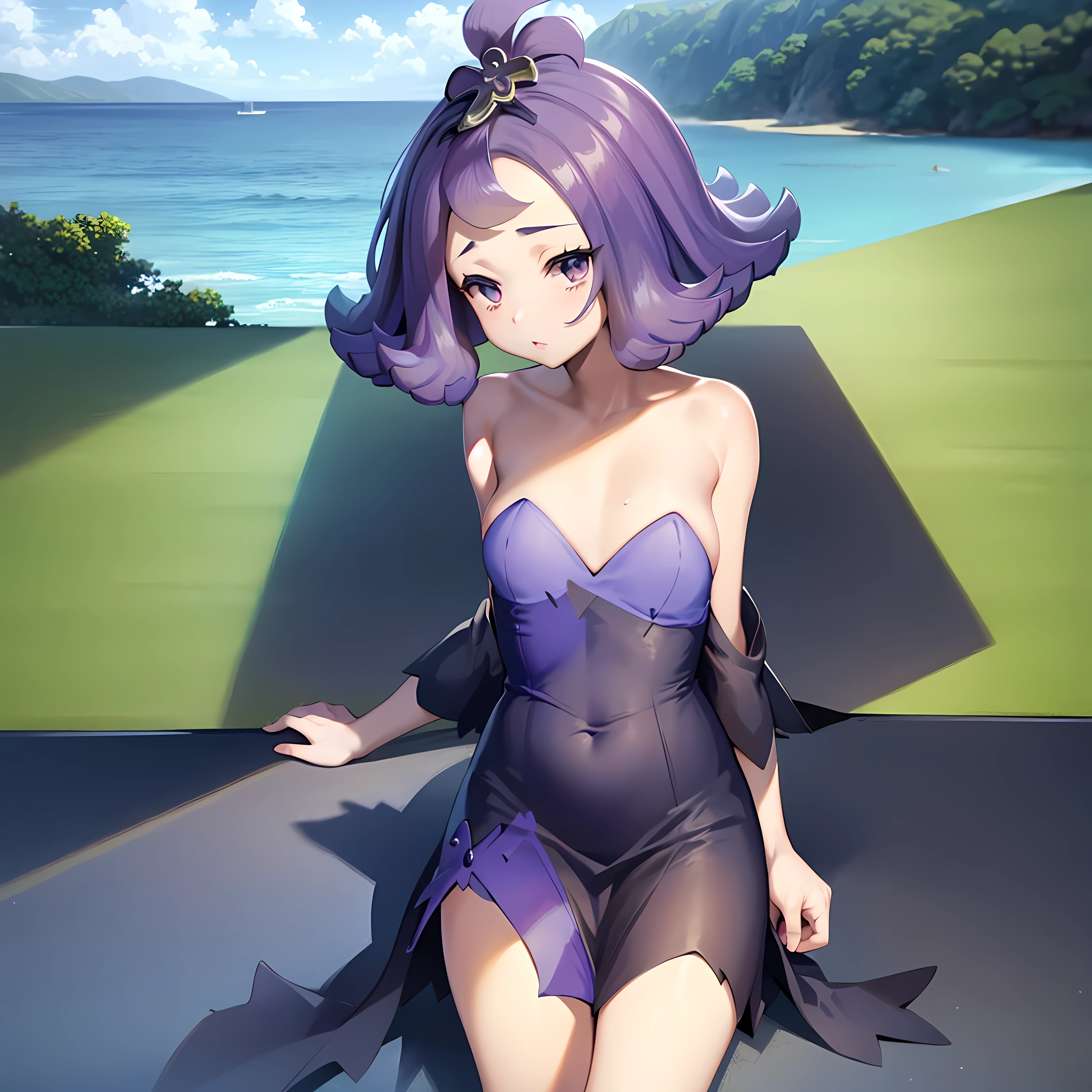 masterpiece, best quality, detailed, pov, 1girl, acerola, pokemon, horny, standing, at a pool, beach, ocean background, dusk,