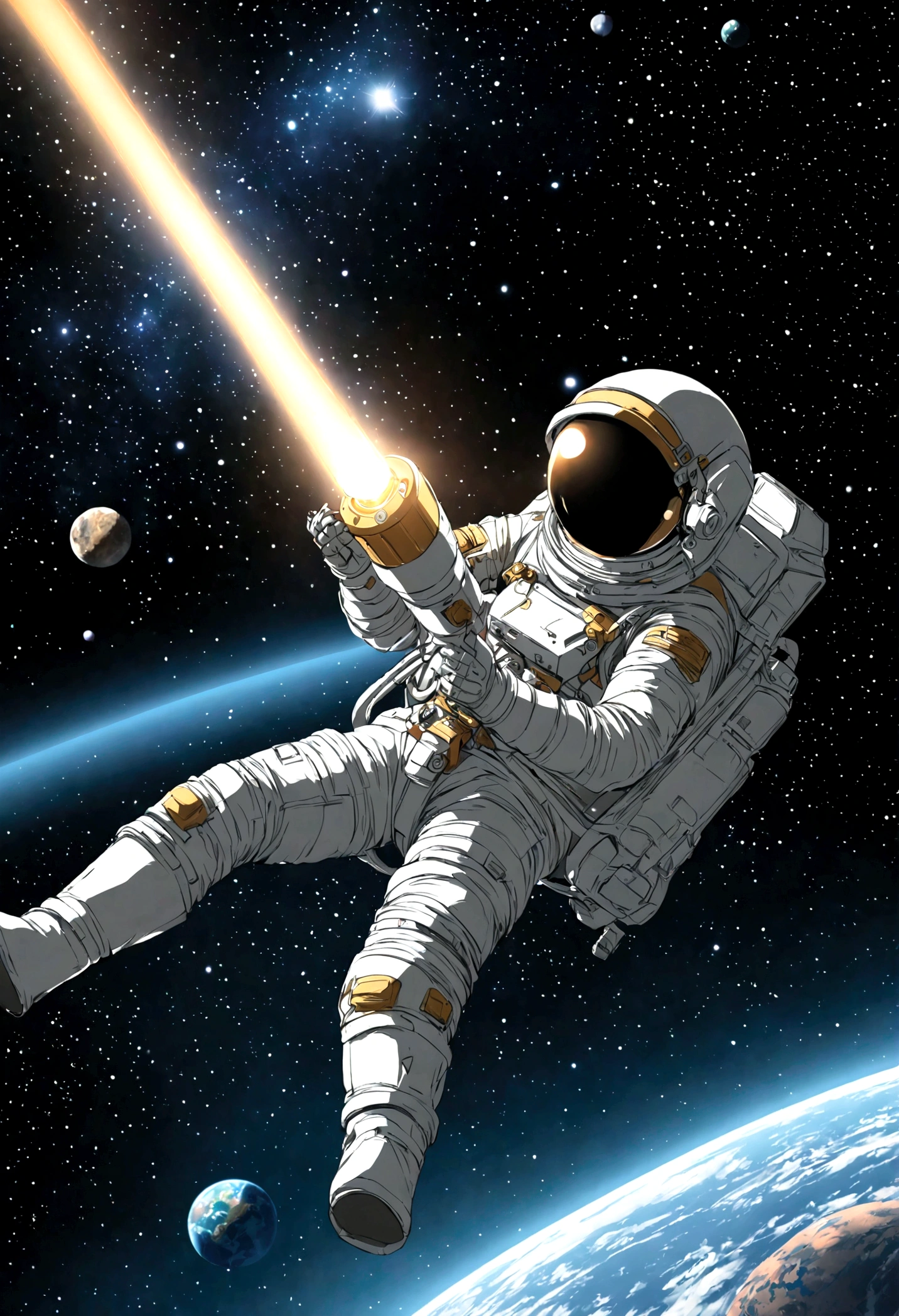 Fondo de computadora chico con gorra perdido en el espacio flotando. Mientras un cometa pasa al lado de el
