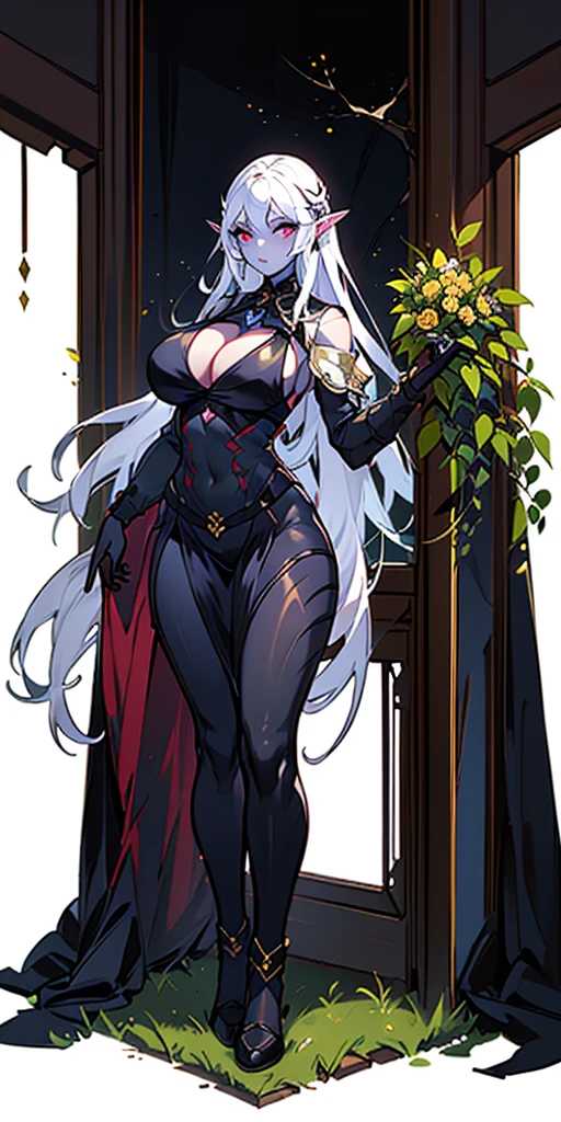 1SOLOfemale Drow elf purple skin, Full body, masterpiece, female standing pose (yellow tiger bikini) red cape, red bikini, long white hair, strong body, abs, shiny skin, sunglasses, FEMALE, big breasts, voluminous breasts, curvy breasts, mesh stockings, standing with a bouquet (red roses) full height, bottom view, best quality, very detailed, ultra 8k resolution, huge breast, coat , vest, long skirt, portrait, full body, Victoria's clothing, long dress, knight, pants, black skin suit, medieval city, plants, vest, polo shirt, forest, long skirt