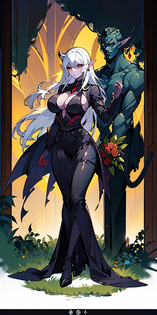 1SOLOfemale Drow elf purple skin, Full body, masterpiece, female standing pose (yellow tiger bikini) red cape, red bikini, long white hair, strong body, abs, shiny skin, sunglasses, FEMALE, big breasts, voluminous breasts, curvy breasts, mesh stockings, standing with a bouquet (red roses) full height, bottom view, best quality, very detailed, ultra 8k resolution, huge breast, coat , vest, long skirt, portrait, full body, Victoria's clothing, long dress, knight, pants, black skin suit, medieval city, plants, vest, polo shirt, forest, long skirt