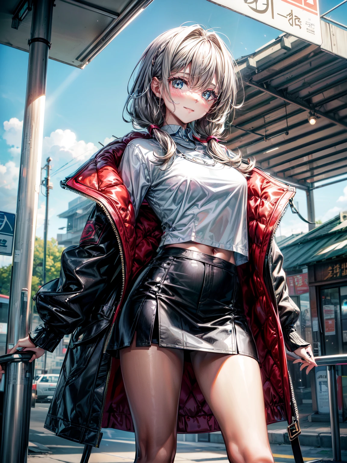 1 sister,Lower bust，((((sexy)))),smile，(The shirt:1.5),(Wearing mini skirt:1.2),(legs long:1.3),(natta，Bus stop，Caiyun)，cabelos preto e long-term med hooded long coat，Corner store，hyper HD, Ray traching, reflective light， structurally correct, Award-Awarded, light, masterpiece, super detailing, high high quality, high detal, Best quality,