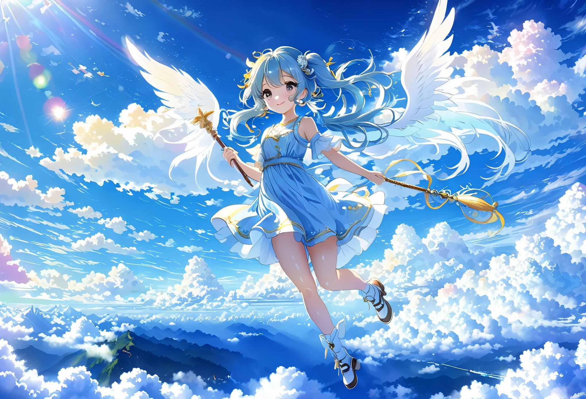 ((Super detailed)), ((Best illustrations)), ((Cinema Lighting)), Dynamic Angle, floating, (flash: 1.2), (Shine: 1.2), (Shine: 1.2), "(highest quality), Super detailed depiction of beautiful girls, Light blue long hair、Beautiful girl with twin tails、Angel wings on the back、Adorable smile、Flying above fluffy clouds、Great background、Fantasy、Fairy World、Fairy World、Above the pure white clouds、Blue sky、sunny、Light of the sun、Cinematic colors、