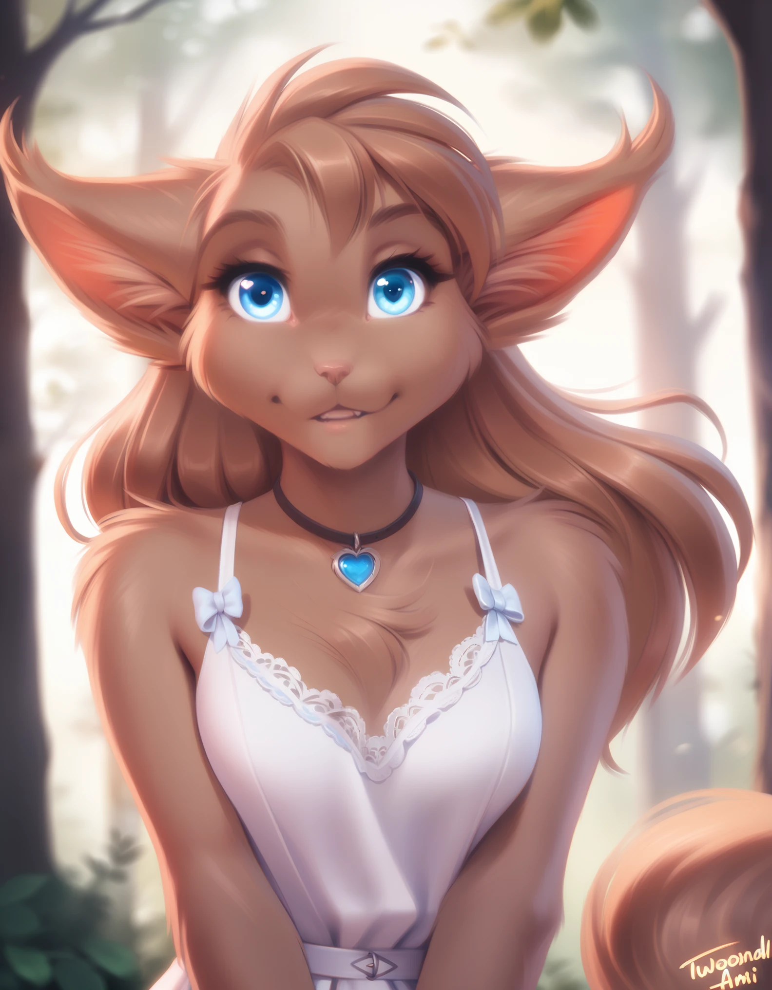 solo,  tknibbly, brown fur, brown hair, brown fur, mammal, anthro, keidran, blue eyes, mrs.nibbly, twokinds, personalami, rating:safe, anthro, by tom_fischbach,, (best quality, masterpiece:1), solo, furry famale anthro,  female, breasts, adult, looking at viewer, tail, (outdoors dark forest trees blurry blurred background:1.1),