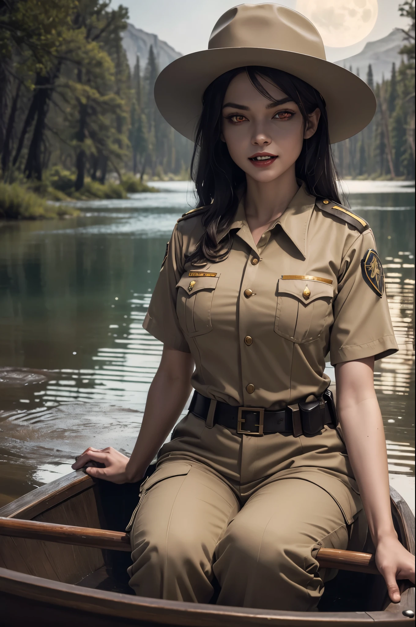 (((night))) ((moonlight)) ((a deserted lake)) Vampire woman, (((red eyes and fangs))), pale skin, (((park ranger uniform, park ranger hat, beige National Park uniform, short sleeves)))), (open mouth, blood on mouth), (evil grin), looking at viewer, sitting in a canoe, sopping wet, style of a painted book illustration, dramatic lighting, (depth of field), ((masterpiece)), ((best quality)), ((highly detailed)), horror theme