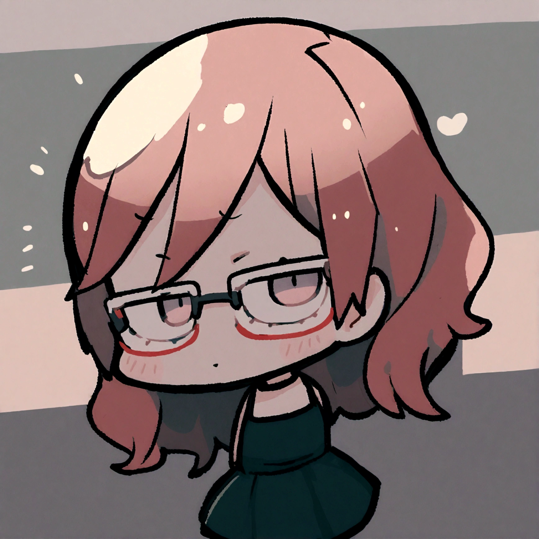 a chibi female with a black dress, red long hair and glasses on