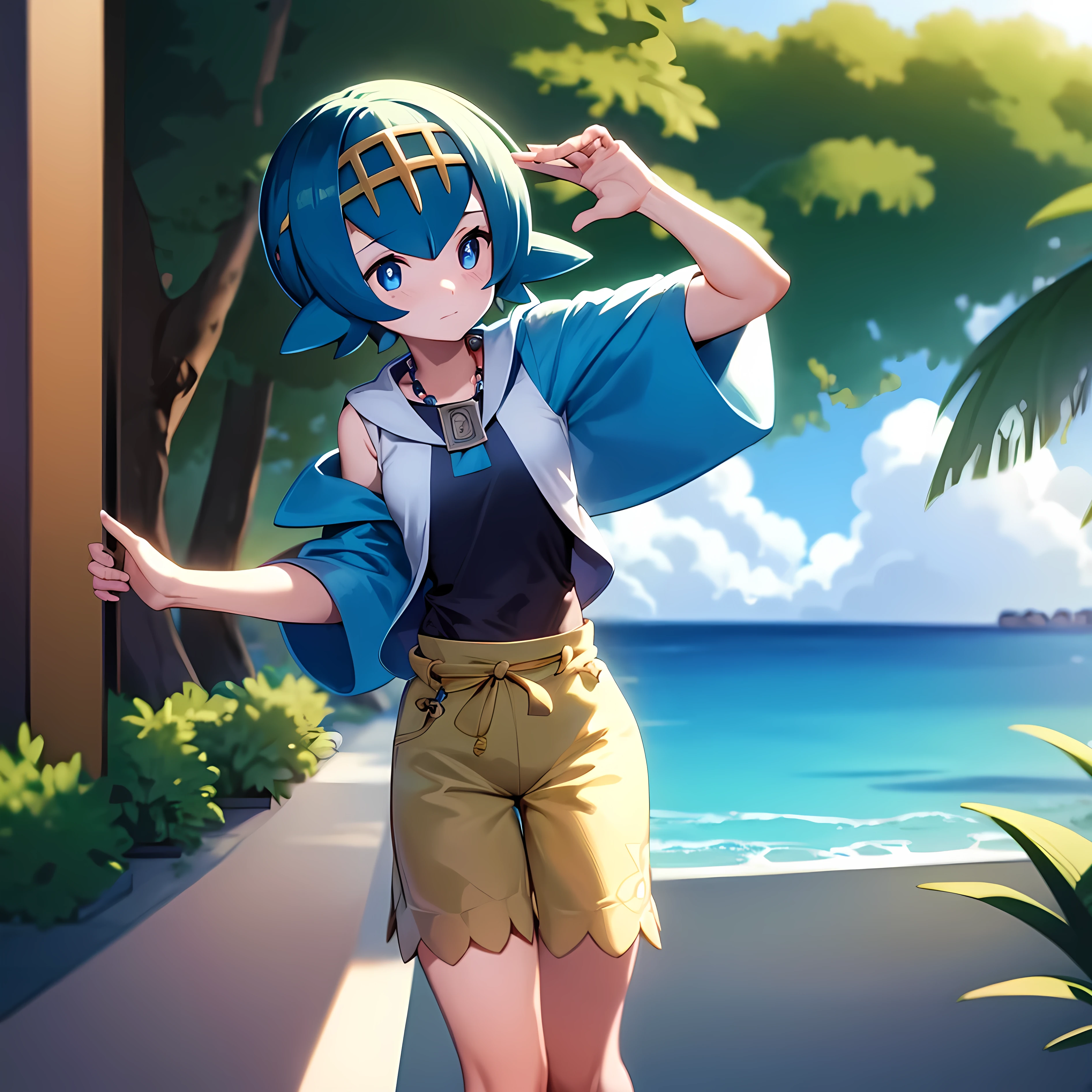 masterpiece, best quality, detailed, pov, 1girl, pkmnlana, pokemon, confused, standing, at a pool, beach, ocean background, dusk,