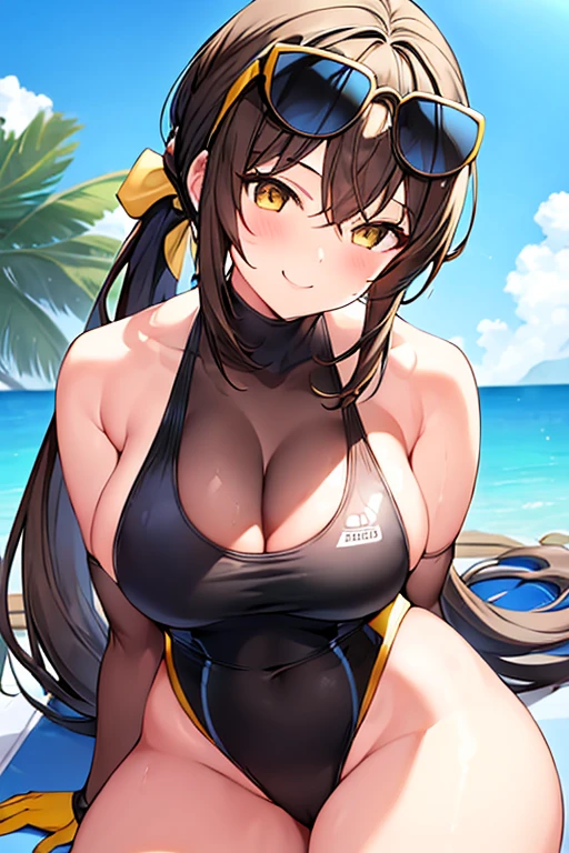 1girl, one-piece swimsuit, black one-piece swimsuit, brown hair, ponytail, highleg, cleavage, eyewear on head, yellow eyes, yellow trim, bare legs, thick thighs, huge breasts, smile, pool, competition swimsuit, sleeves, long sleeves, gloves, chocker