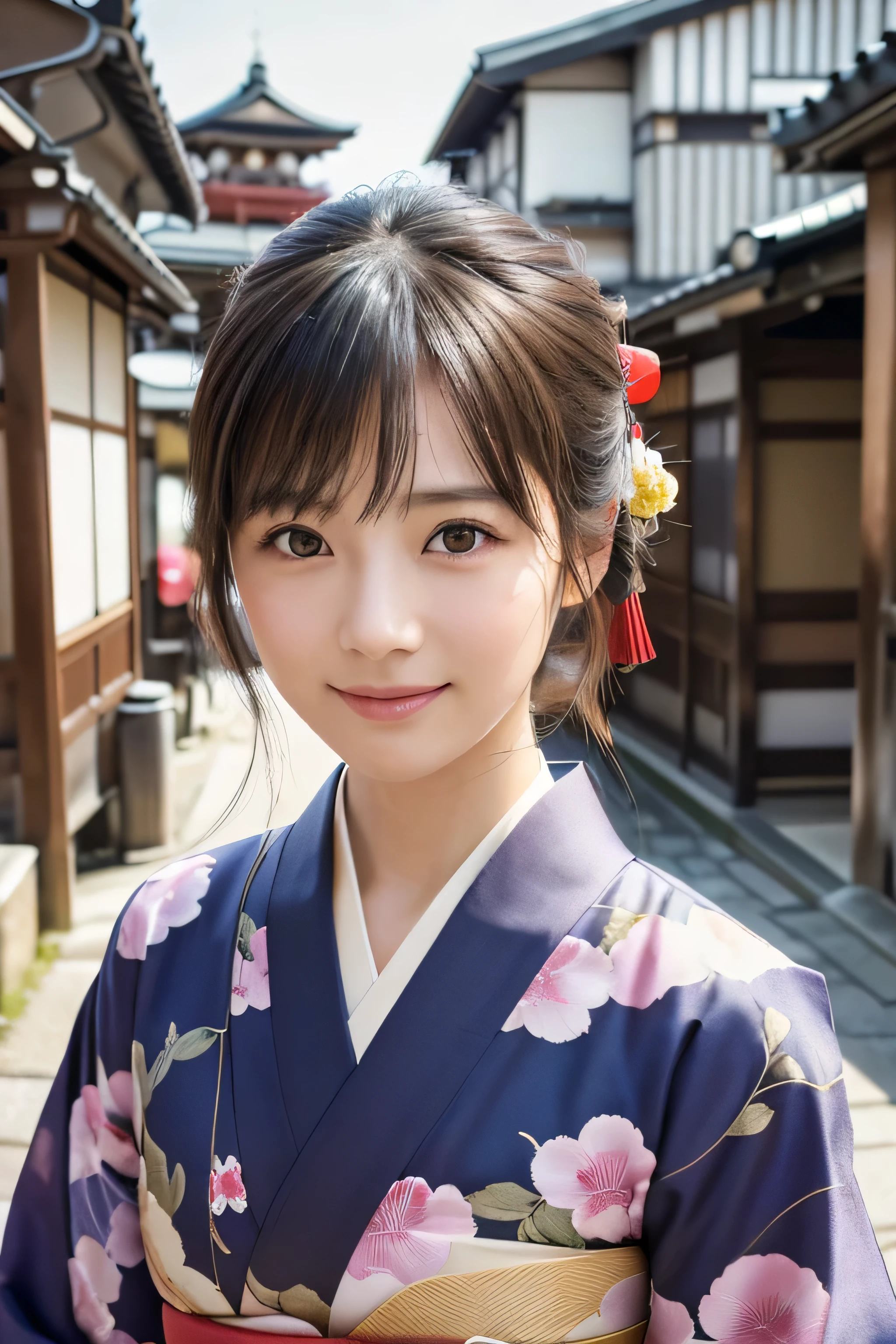 Professional Lighting,(Photorealistic:1.4), (Top image quality:1.0), (超A high resolution:1.0), 8k, Raw photography, (masterpiece:0.2), (Facing the children_v1:0.5)、(highest quality Detail:1.2)、Realistic、8K Ultra HD、High resolution、(1 girl:1.2)、Super detailed、High quality textures、Complex details、detailed、Very detailed CG、High quality shadows、detailed Beautiful and delicate face、Beautiful details and a delicate eye、(Symmetrical eyes:1.2),Written boundary depth、Ray Tracing,1 girl, Japanese Girls, (Natural smile:1.4),cute, thin, Portrait of a beautiful Japanese woman in a kimono, Standing elegantly on a street corner in Kyoto. Kimono with vibrant traditional patterns, Hair decorated with elegant and delicate hairpins, Gentle expression. (With the old streets of Kyoto in the background:1.4)、The soft light of a spring afternoon、Adding tranquility to the scene. Rendered in a Realistic style with great attention to detail, High resolution images.Sky ????, Magic Hour, (Realistic:1.3), finely, quality, (Tabletop:1.2), (Realistic:1.2), (highest quality), (Complex details), dramatic, Ray Tracing, photograph, +roller