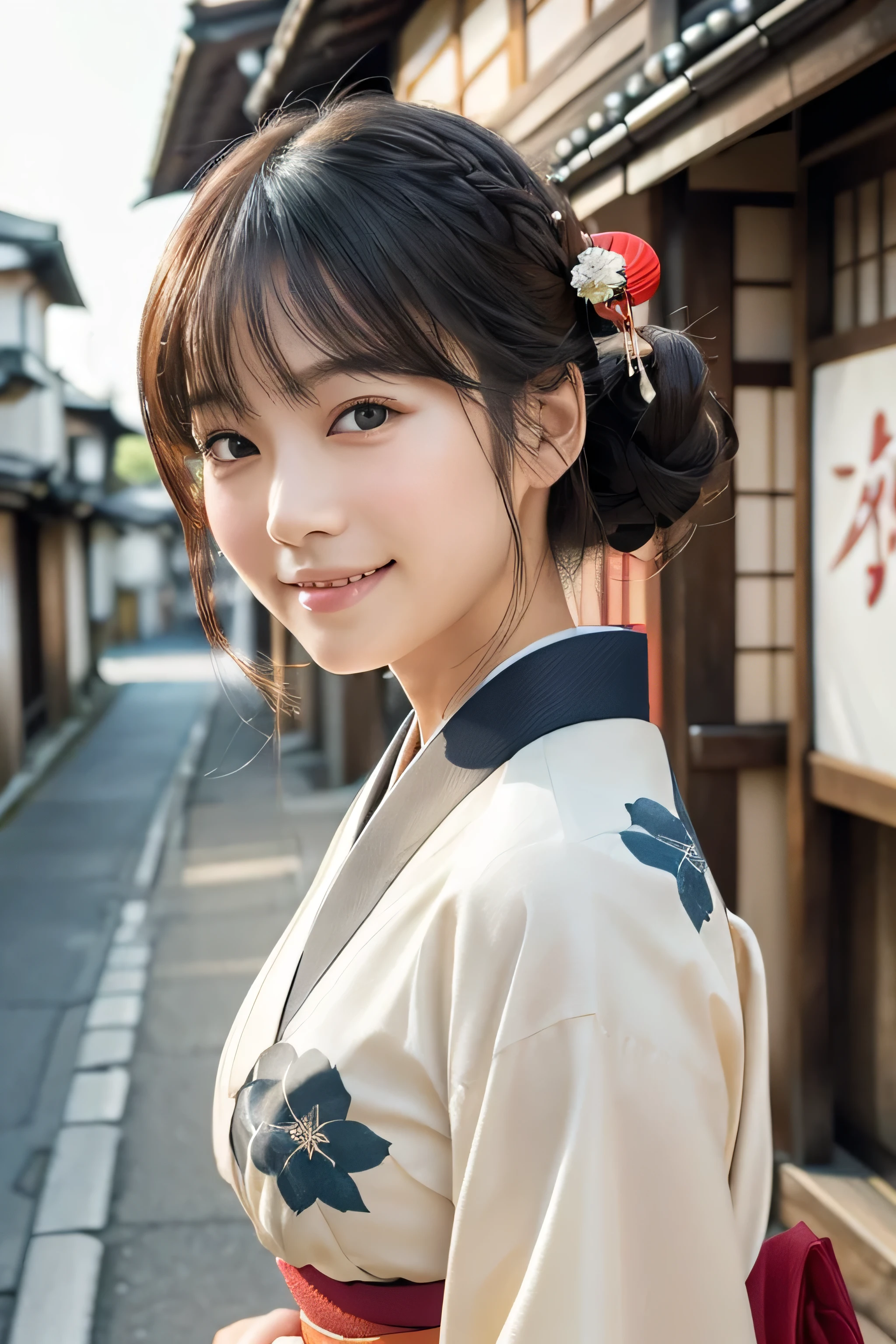 Professional Lighting,(Photorealistic:1.4), (Top image quality:1.0), (超A high resolution:1.0), 8k, Raw photography, (masterpiece:0.2), (Facing the children_v1:0.5)、(highest quality Detail:1.2)、Realistic、8K Ultra HD、High resolution、(1 girl:1.2)、Super detailed、High quality textures、Complex details、detailed、Very detailed CG、High quality shadows、detailed Beautiful and delicate face、Beautiful details and a delicate eye、(Symmetrical eyes:1.2),Written boundary depth、Ray Tracing,1 girl, Japanese Girls, (Natural smile:1.4),cute, thin, Portrait of a beautiful Japanese woman in a kimono, Standing elegantly on a street corner in Kyoto. Kimono with vibrant traditional patterns, Hair decorated with elegant and delicate hairpins, Gentle expression. (With the old streets of Kyoto in the background:1.4)、The soft light of a spring afternoon、Adding tranquility to the scene. Rendered in a Realistic style with great attention to detail, High resolution images.Sky Porn, Magic Hour, (Realistic:1.3), finely, quality, (Tabletop:1.2), (Realistic:1.2), (highest quality), (Complex details), dramatic, Ray Tracing, photograph, +roller