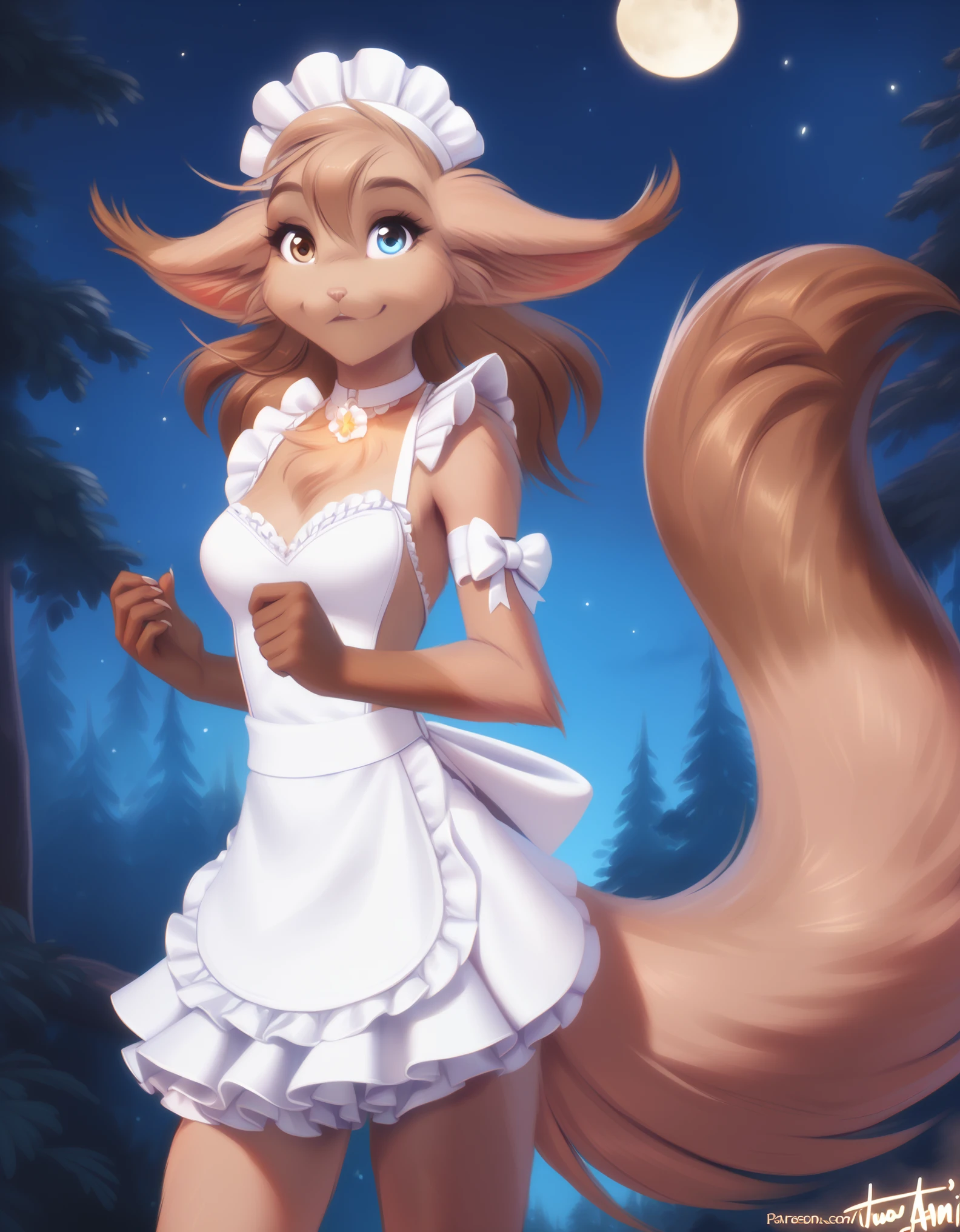 solo, tknibbly, brown fur, brown hair, brown fur, mammal, anthro, keidran, blue eyes, mrs.nibbly, twokinds, personalami, rating:safe, anthro, arm_tuft, forest, night, stars, moon, tail, maid, maid apron, brown fur, brown hair, brown eyes, female, breasts, adult