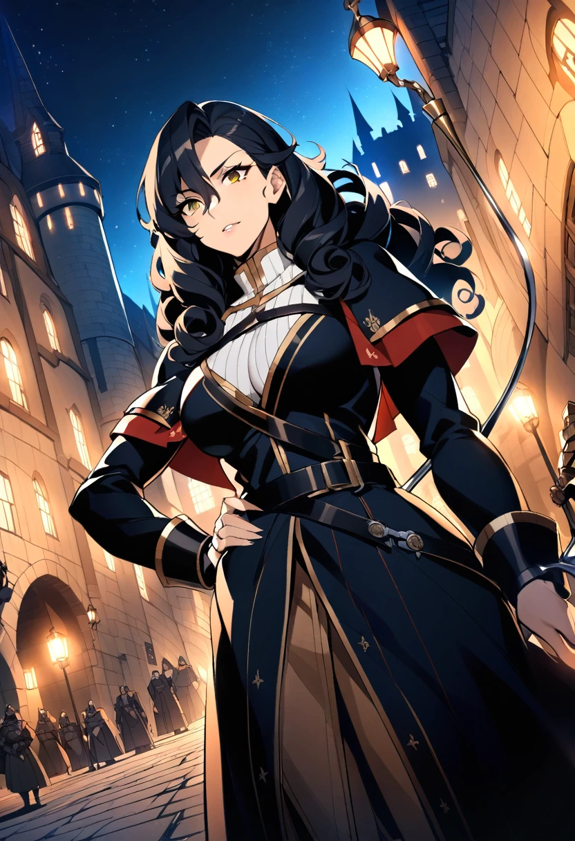 {{upper body, dutch angle}} {{Artist: ratatatat74}} 1girl, mature female, black hair, long curly hair, well toned, brown eyes, soldier clothes, black overcoat, black waistbelt, rapier on hips outdoors, city, nighttime, standing, one hand on hips, pov, medieval fantasy.