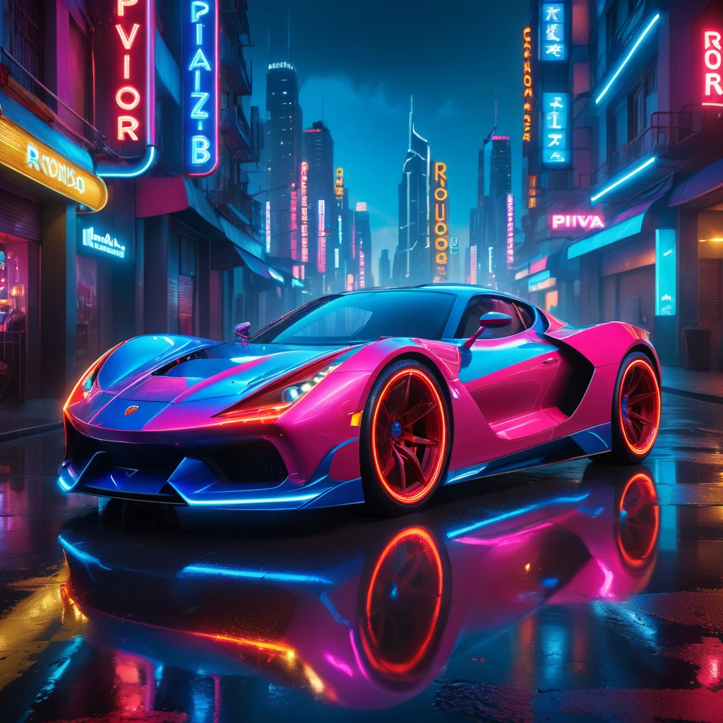 A sleek, modern sports car in a neon-lit urban setting at night. The car has a glossy blue paint job with a large rear spoiler and vibrant red rims. The city background is filled with colorful signs and high-rise buildings, reflecting off the wet street. The neon signs in the background display the words: (('piva,' 'ronaldo,' 'bira,' and 'Douglas’.))The overall atmosphere is futuristic with bright pink and blue neon lights illuminating the scene.