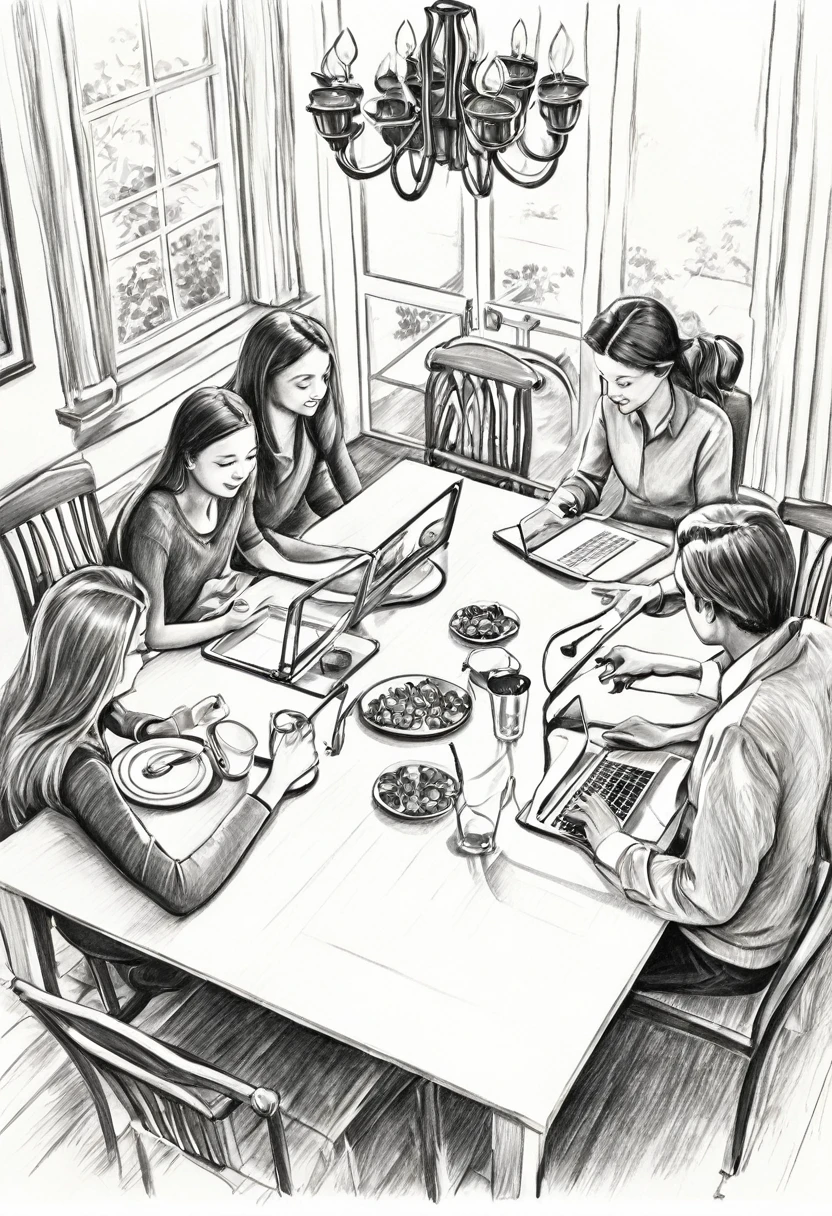 Draw a dining room or living room table where a family is gathered., but instead of interacting with each other, everyone is engrossed in their own technological devices. The illustration must be drawn with a charcoal pencil. The illustration should not be very detailed