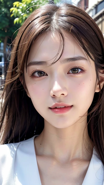 With the alleys of Harajuku in the background、18-year-old girl、independent、look forward to、Light eye makeup、Brown Hair Color、flat 、Hair blowing in the wind、Quality of actress、Shiny, Ultra-realistic face、smileの表情、Watery eye、look up、Pleasant lighting effects、 Ultra-Realistic Capture、Very detailed、High resolution 16K human skin closeup。Skin texture must be natural、Must be so detailed that pores are visible、skin is healthy、There must be a unified tone、Use natural light and color、High quality photos taken by modeling agencies'Exclusive photographer、smile